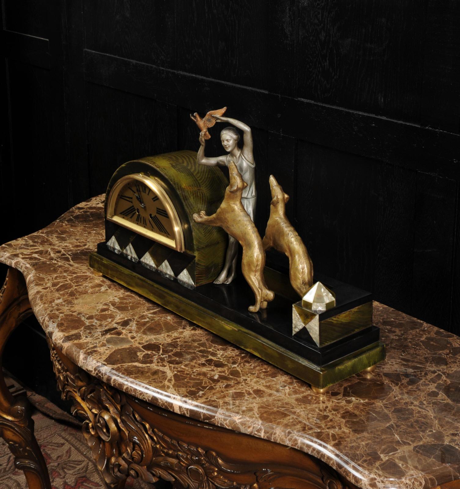 Art Deco Clock, Girl, Bird and Dogs by Pierre Sega and Japy Freres 2