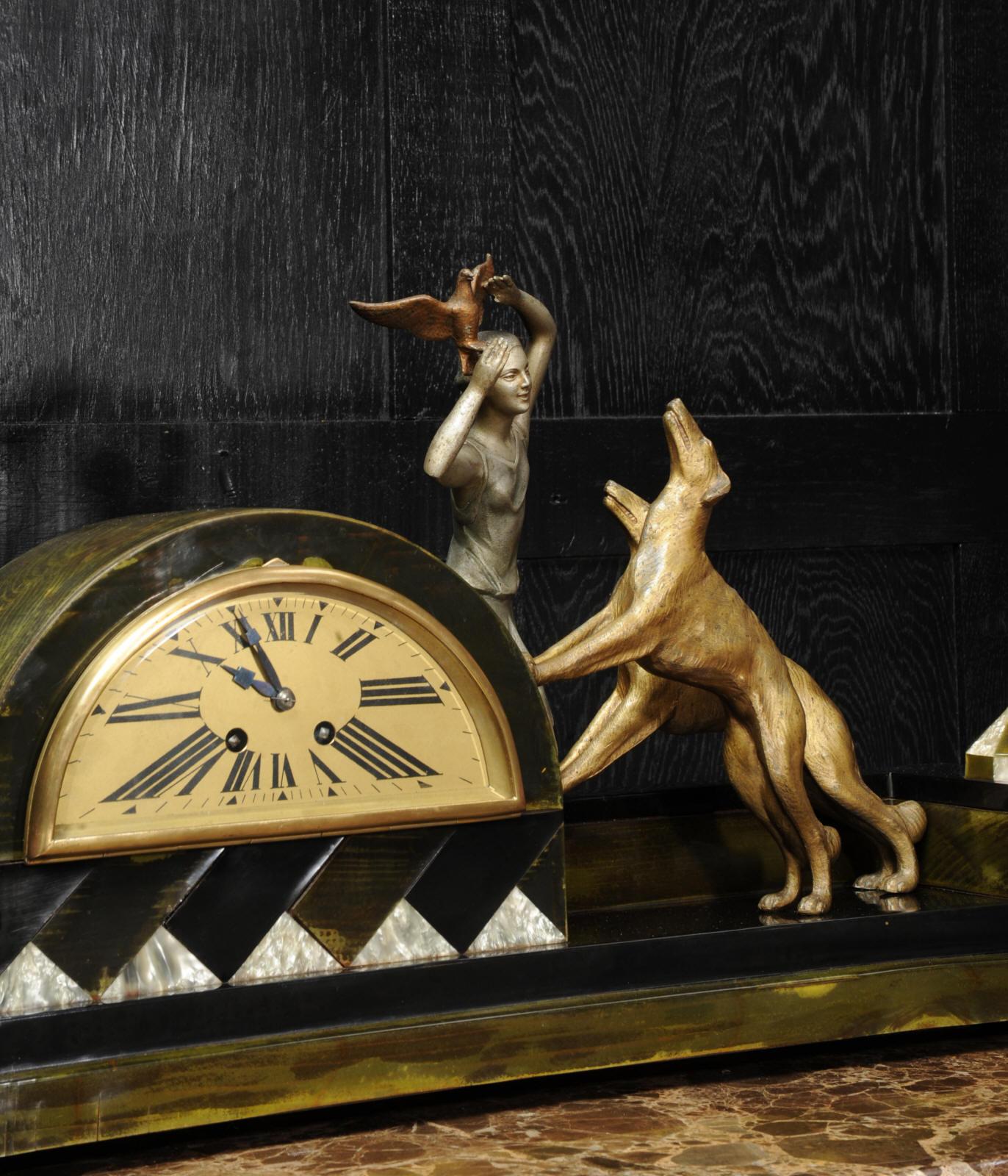 Art Deco Clock, Girl, Bird and Dogs by Pierre Sega and Japy Freres 4