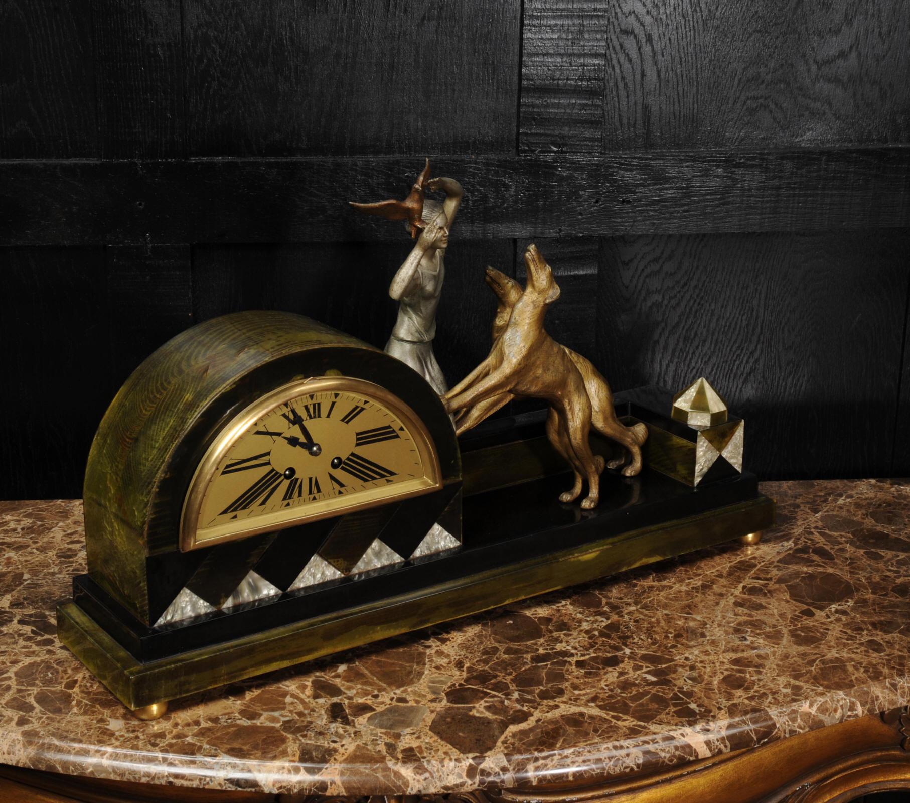 Art Deco Clock, Girl, Bird and Dogs by Pierre Sega and Japy Freres 5