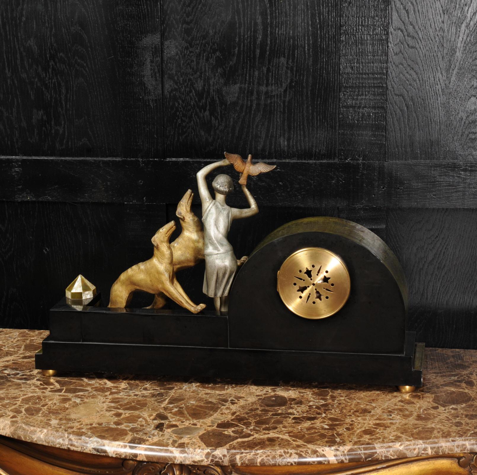 Art Deco Clock, Girl, Bird and Dogs by Pierre Sega and Japy Freres 7