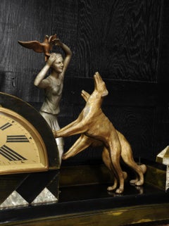 Art Deco Clock, Girl, Bird and Dogs by Pierre Sega and Japy Freres
