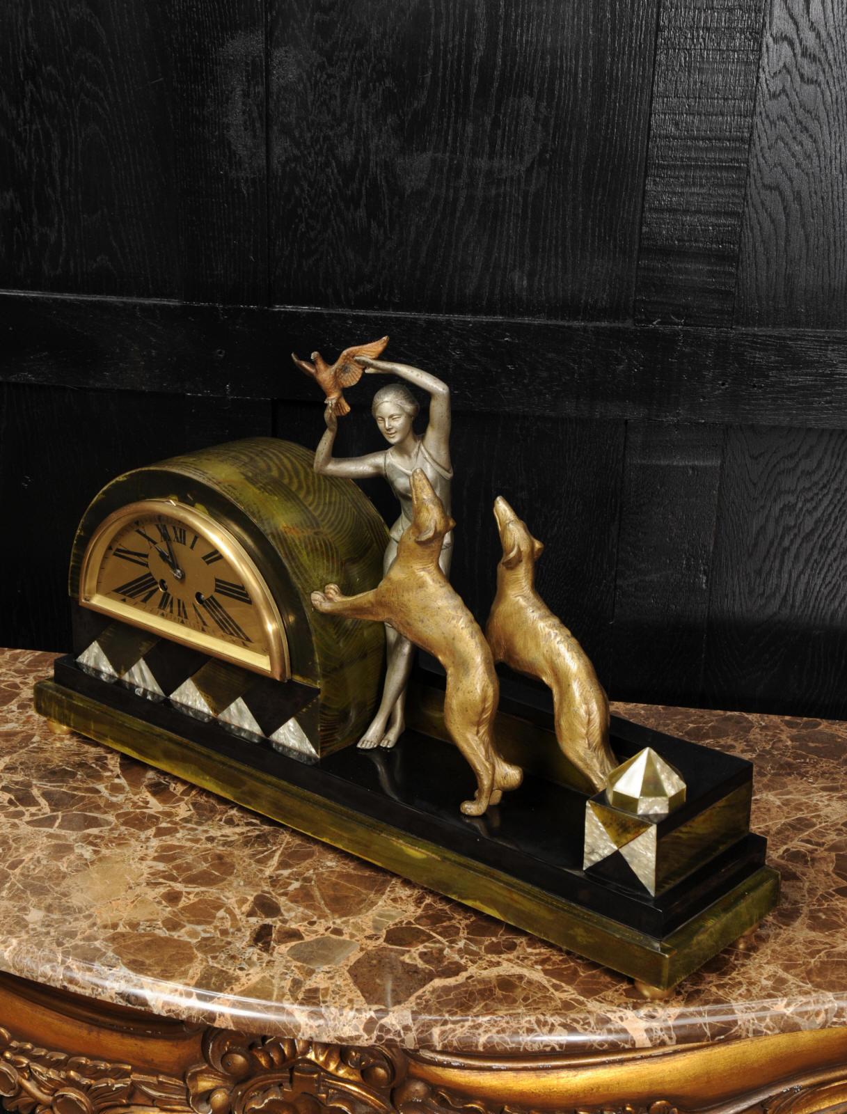 French Art Deco Clock, Girl, Bird and Dogs by Pierre Sega and Japy Freres