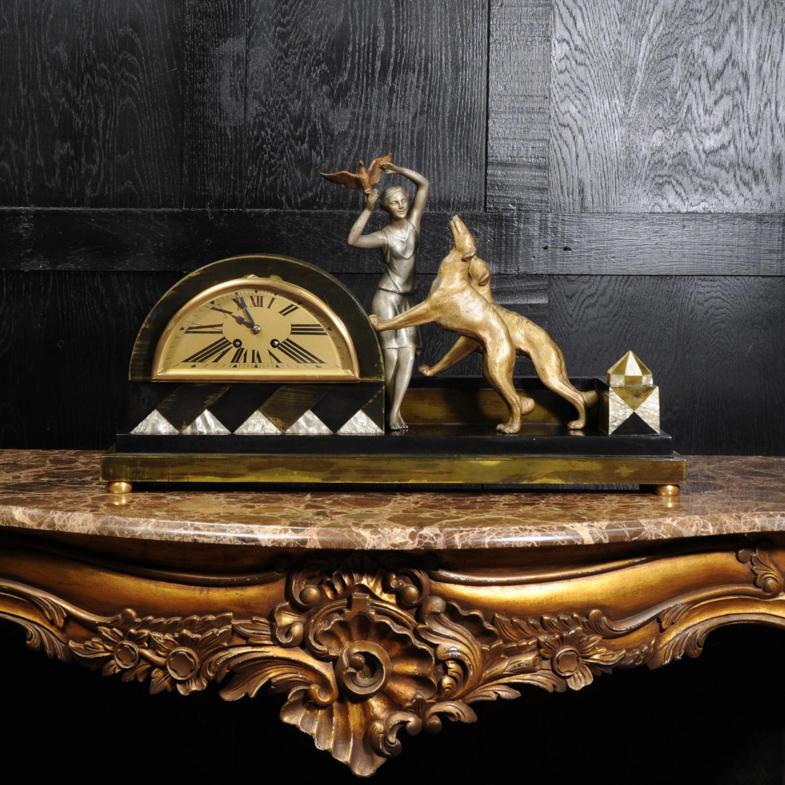 Patinated Art Deco Clock, Girl, Bird and Dogs by Pierre Sega and Japy Freres
