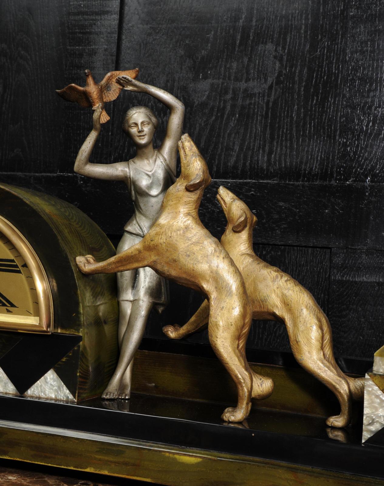 Art Deco Clock, Girl, Bird and Dogs by Pierre Sega and Japy Freres In Good Condition In Belper, Derbyshire