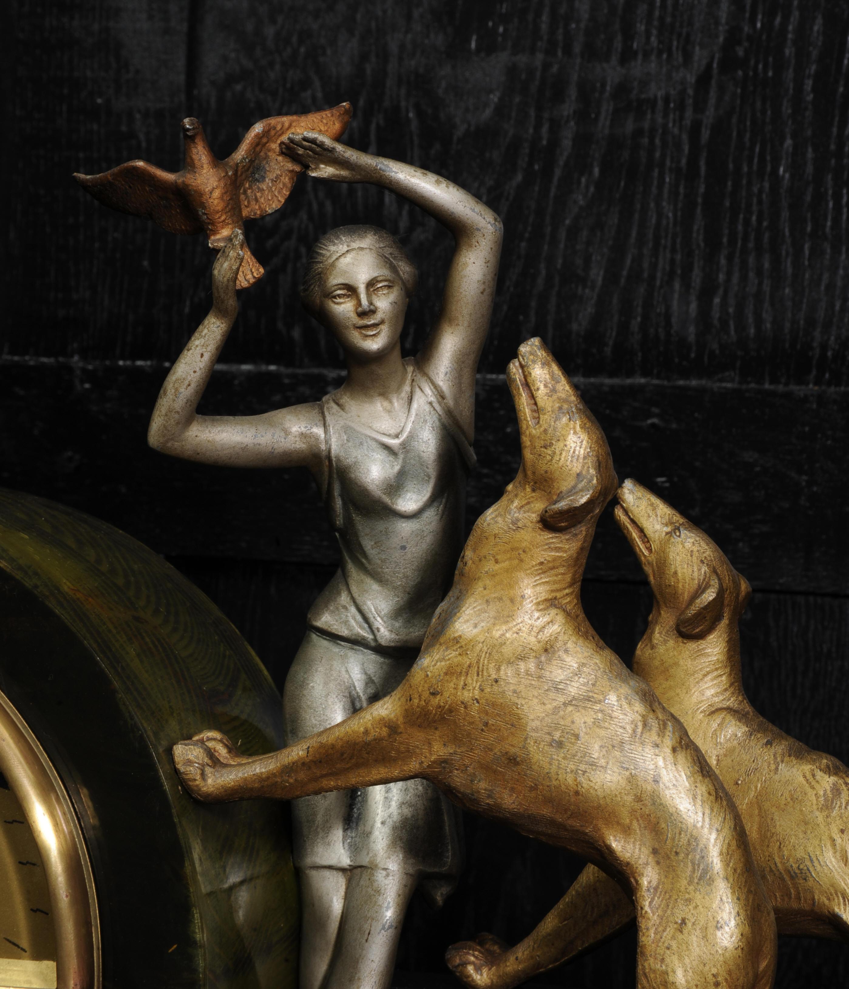 20th Century Art Deco Clock, Girl, Bird and Dogs by Pierre Sega and Japy Freres
