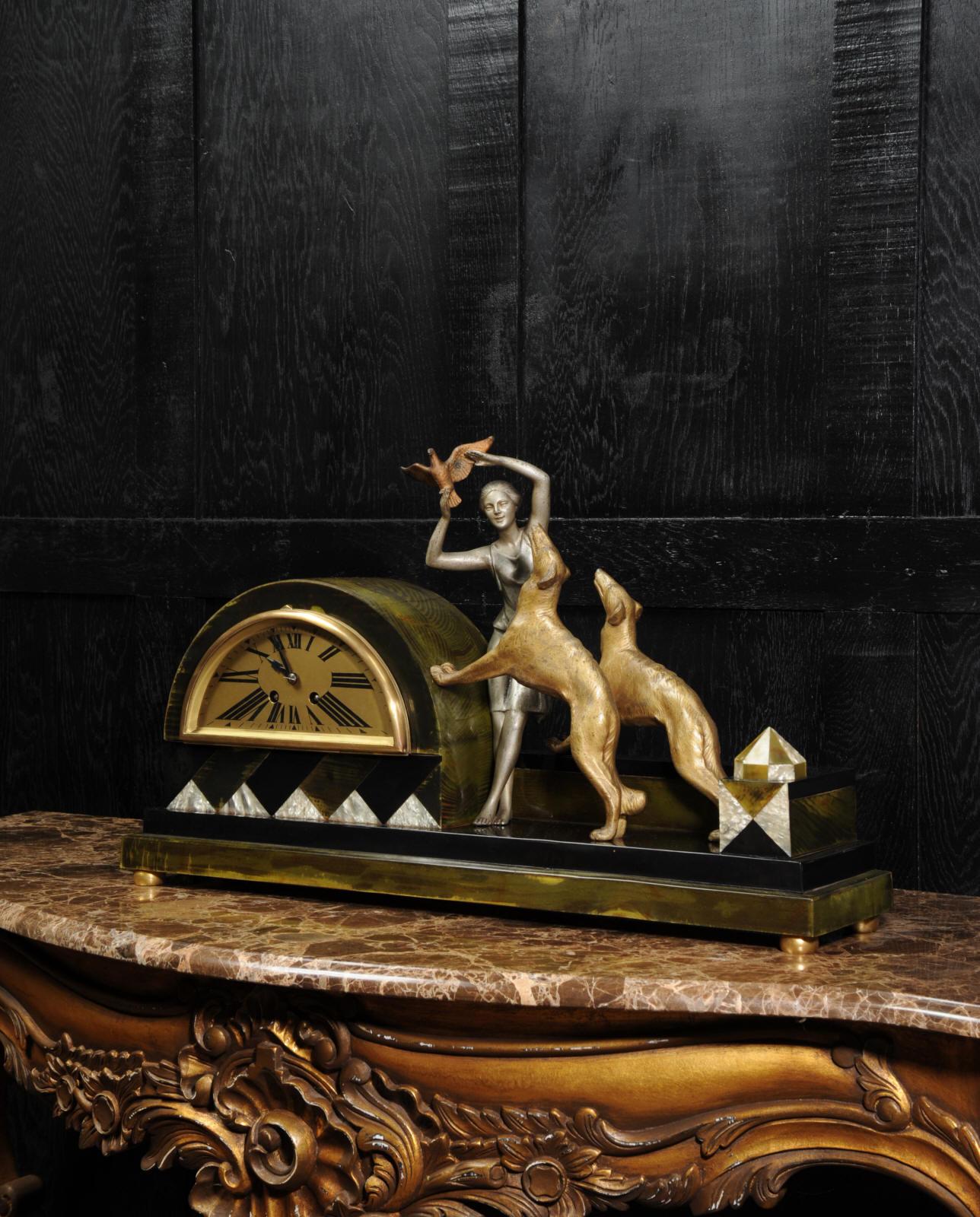 Metal Art Deco Clock, Girl, Bird and Dogs by Pierre Sega and Japy Freres
