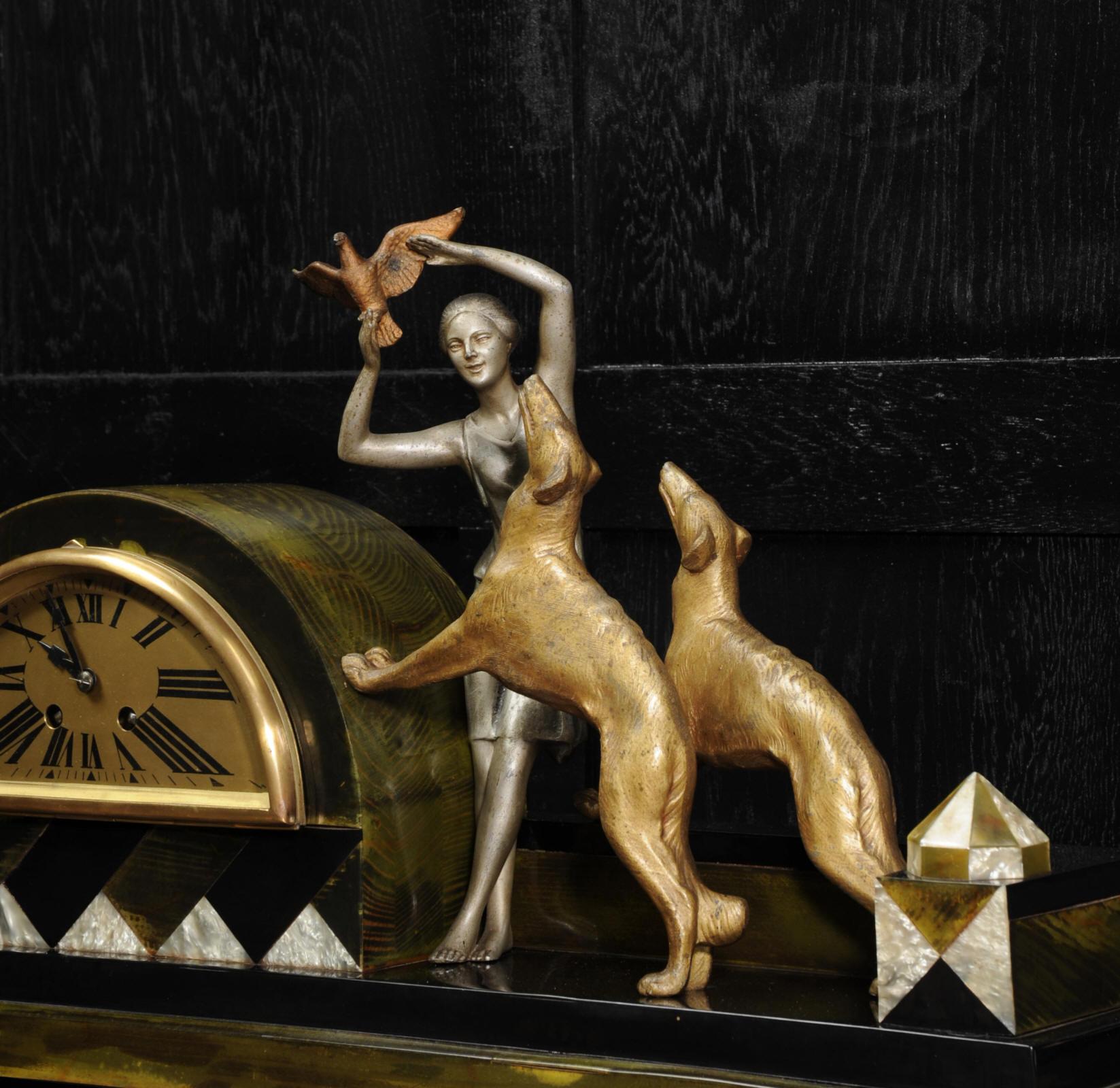 Art Deco Clock, Girl, Bird and Dogs by Pierre Sega and Japy Freres 1