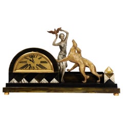 Art Deco Clock, Girl, Bird and Dogs by Pierre Sega and Japy Freres