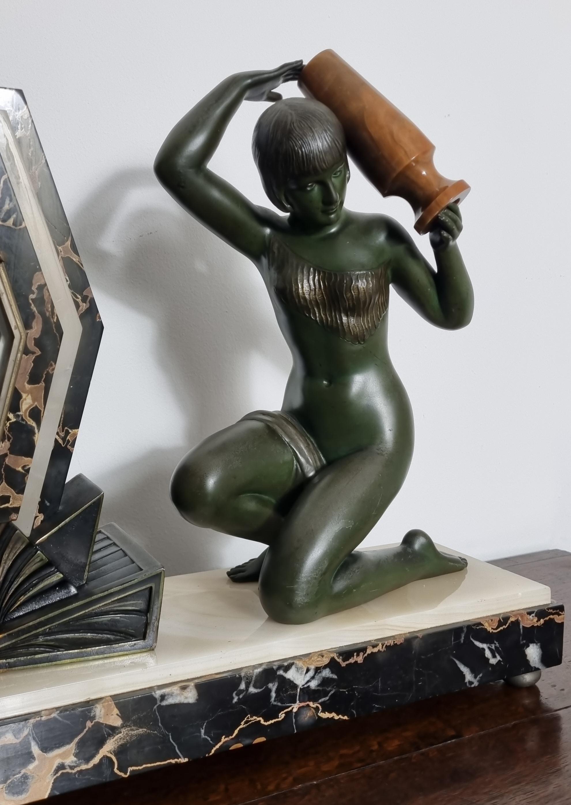 Art Deco Clock with Lamp - Water Carrier Sculpture / Illuminated Nude with Vase For Sale 3
