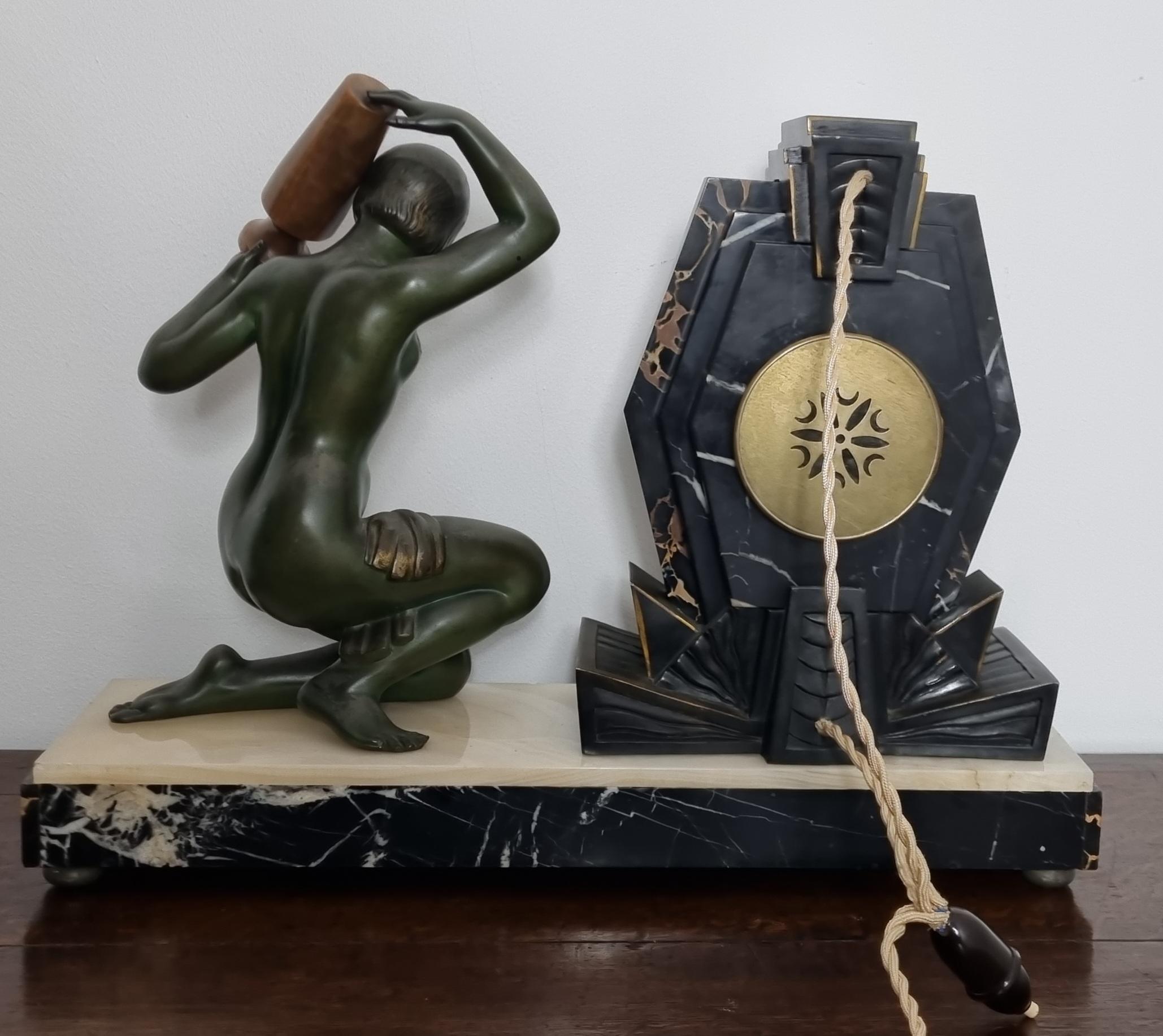 Art Deco Clock with Lamp - Water Carrier Sculpture / Illuminated Nude with Vase For Sale 4