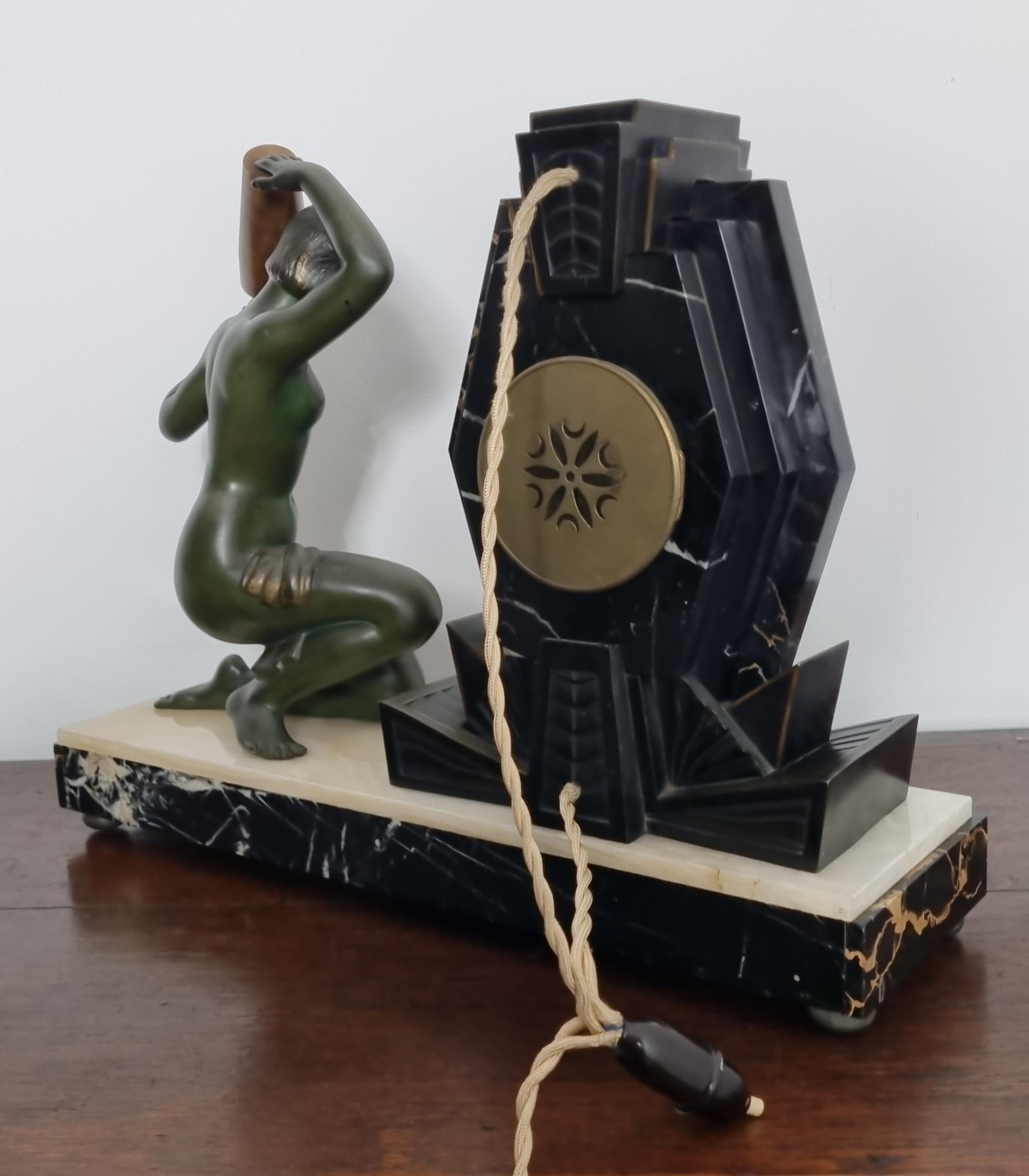 Art Deco Clock with Lamp - Water Carrier Sculpture / Illuminated Nude with Vase For Sale 5