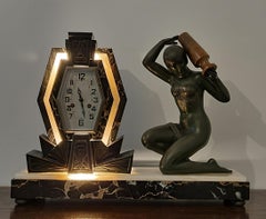 Art Deco Clock with Lamp - Water Carrier Sculpture / Illuminated Nude with Vase