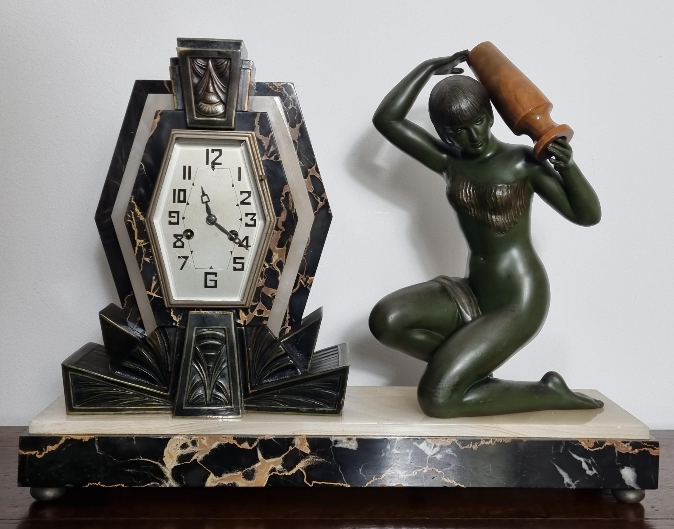 French Art Deco Clock with Lamp - Water Carrier Sculpture / Illuminated Nude with Vase For Sale