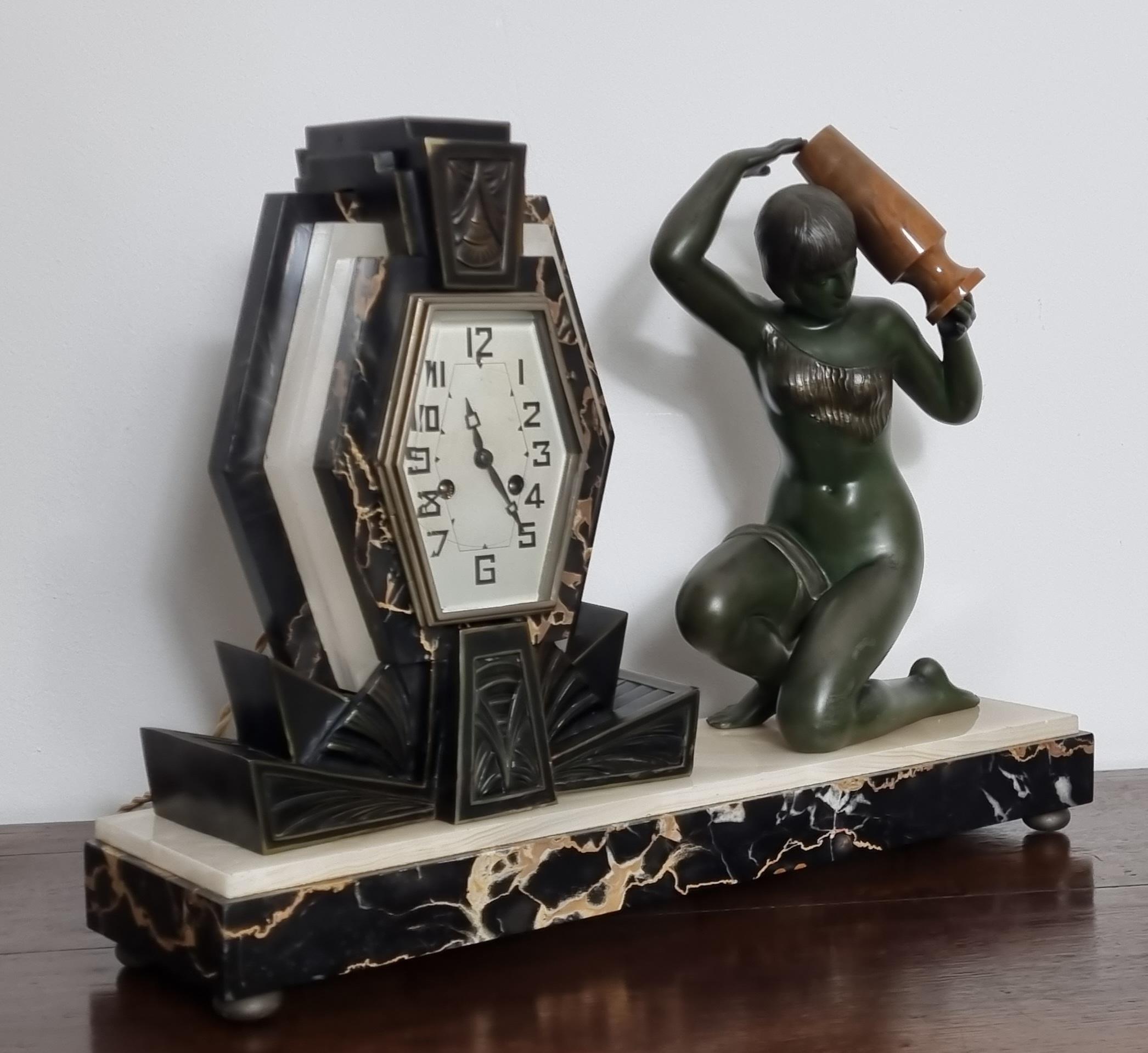 Mid-19th Century Art Deco Clock with Lamp - Water Carrier Sculpture / Illuminated Nude with Vase For Sale