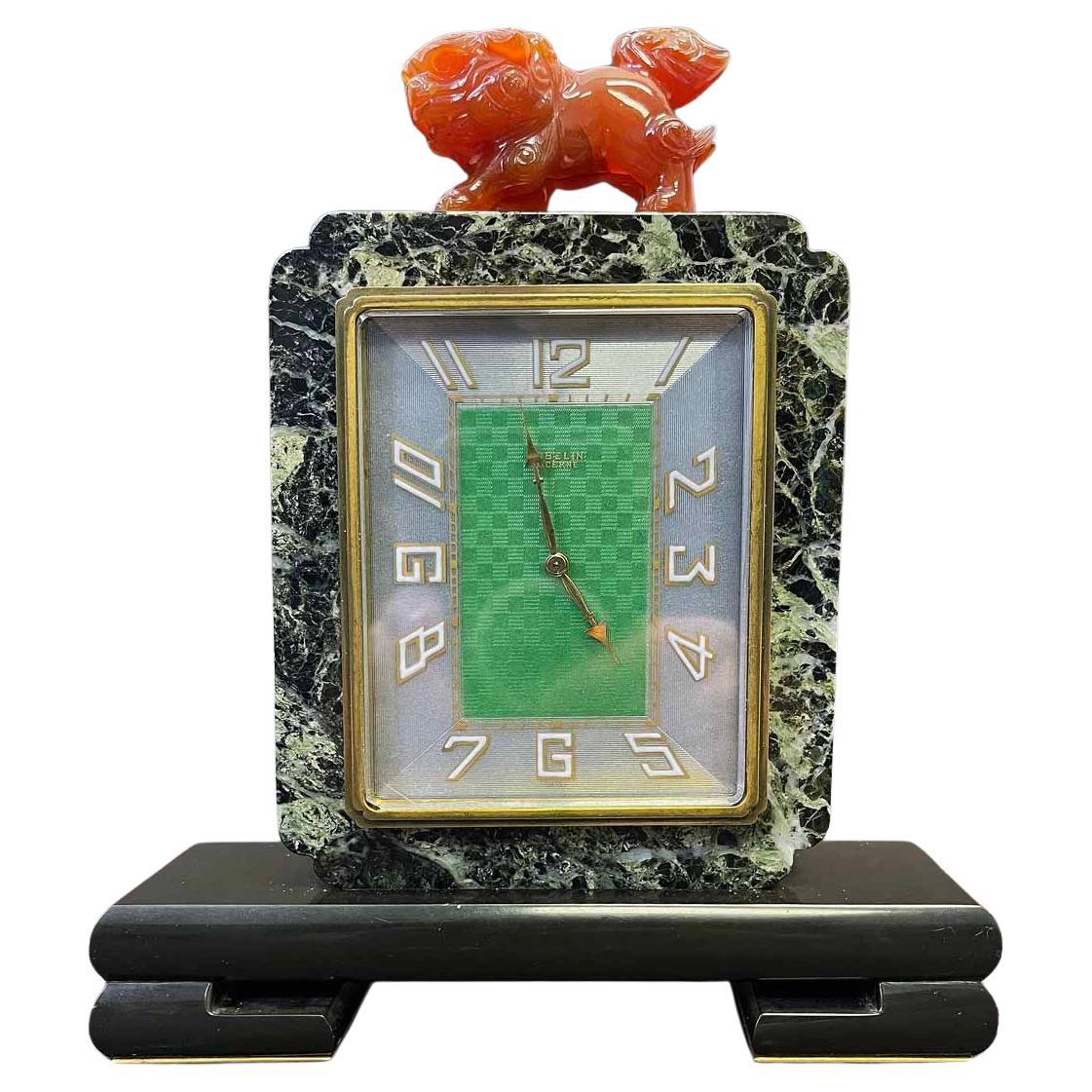 "Art Deco Clock in Chinese Manner", Gübelin Clock w/ Red Hardstone Finial For Sale