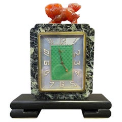 Antique "Art Deco Clock in Chinese Manner", Gübelin Clock w/ Red Hardstone Finial