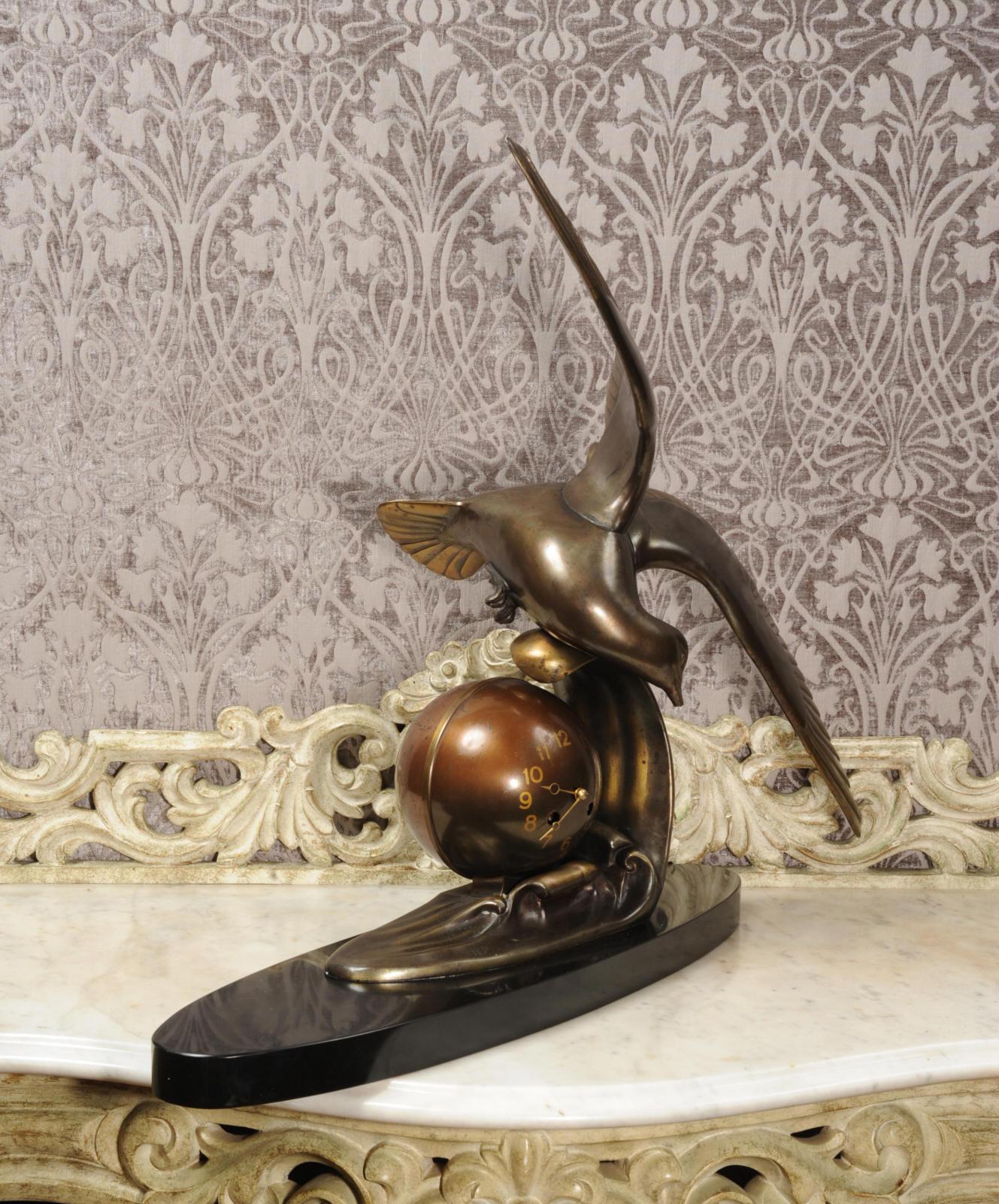 Bronzed Art Deco Clock Seagull and Wave, Irénée Rochard
