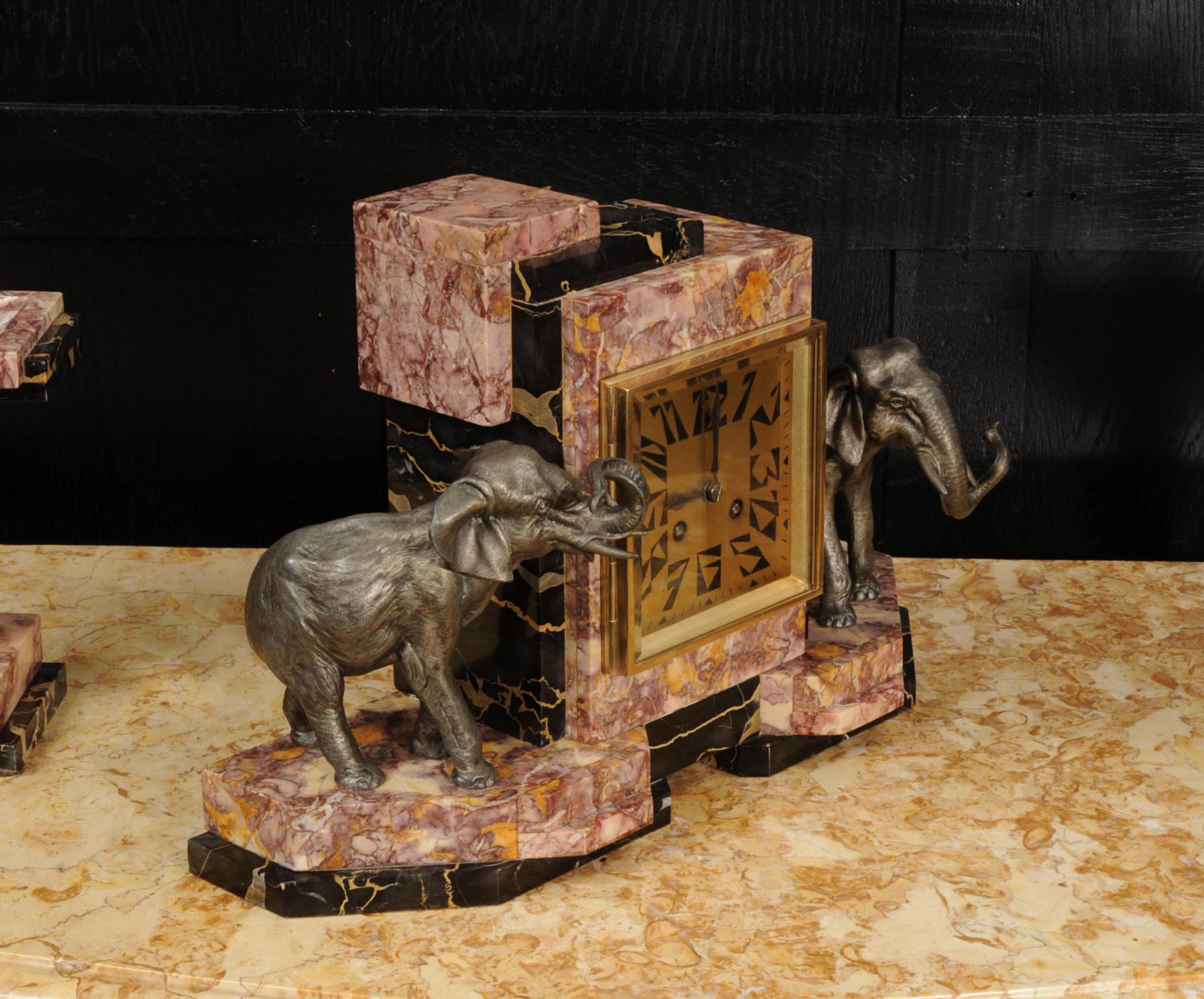 Gilt Art Deco Clock Set ~ Elephants For Sale