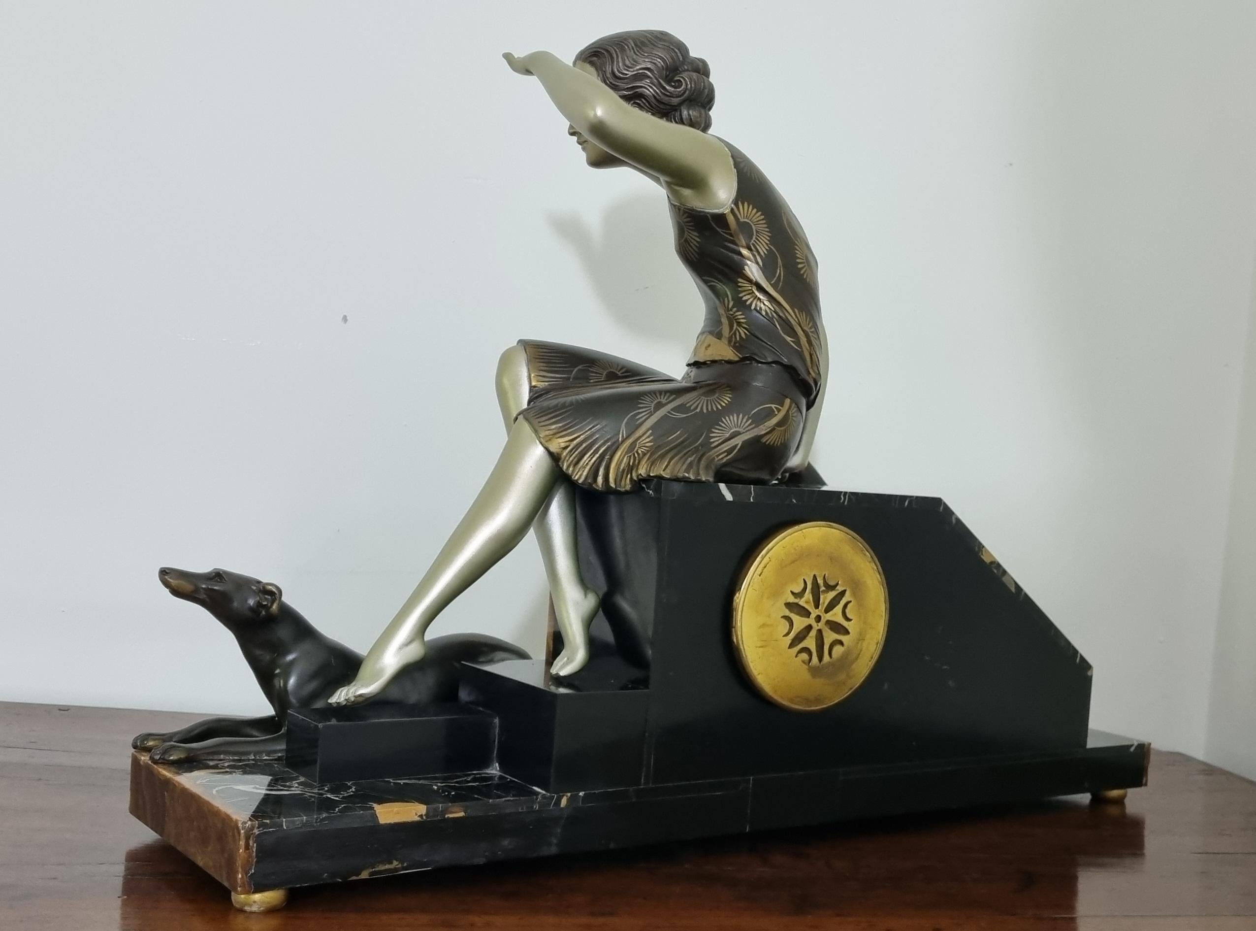 Art Deco Clock Set Lady And Greyhounds Sculpture 