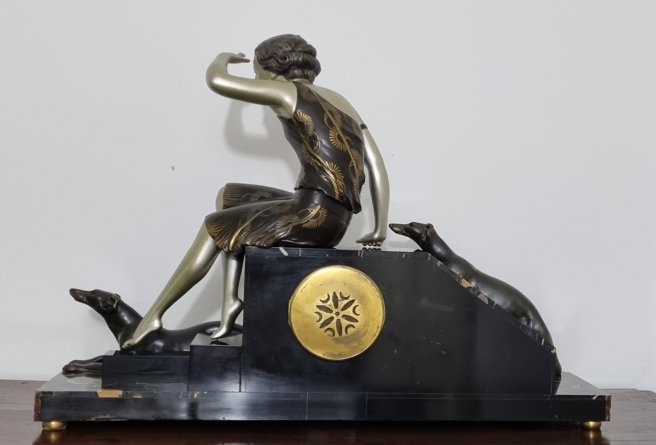 Art Deco Clock Set Lady And Greyhounds Sculpture 