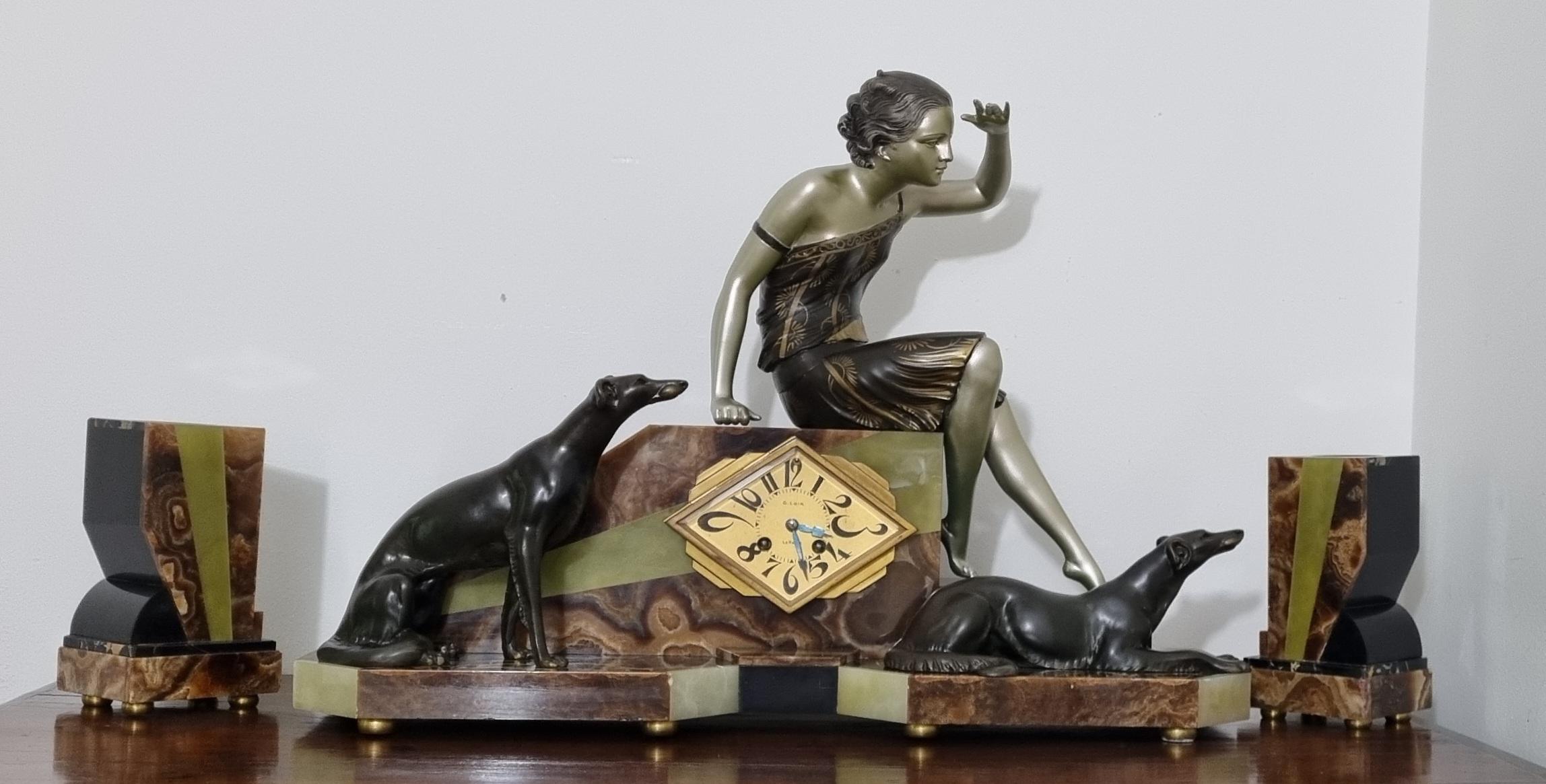 French Art Deco Clock Set Lady And Greyhounds Sculpture 