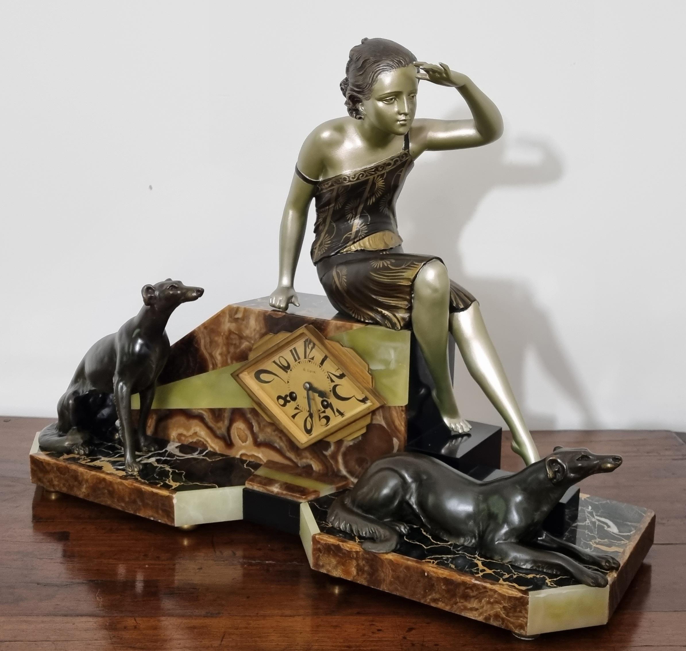 Cast Art Deco Clock Set Lady And Greyhounds Sculpture 