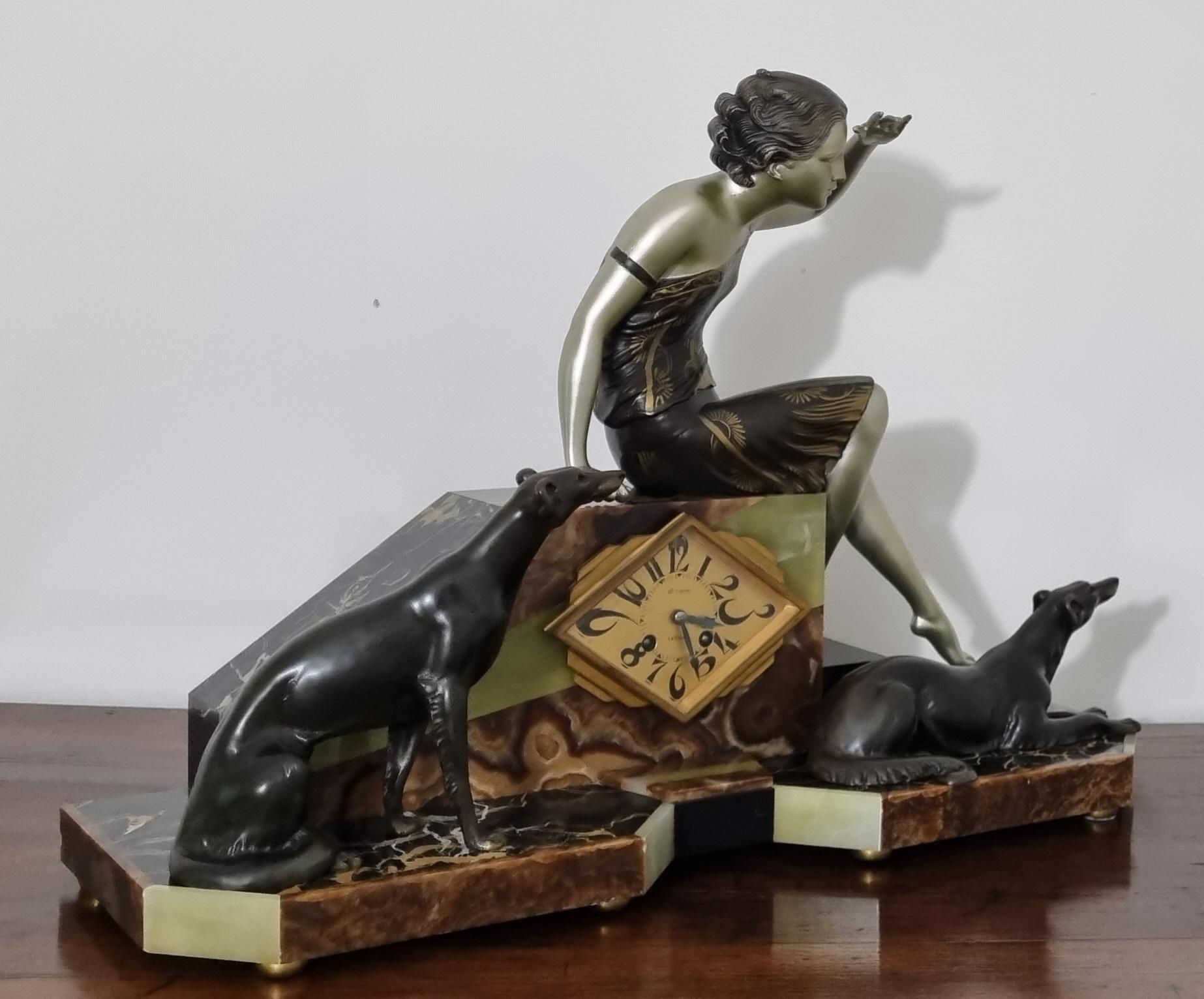 Art Deco Clock Set Lady And Greyhounds Sculpture 