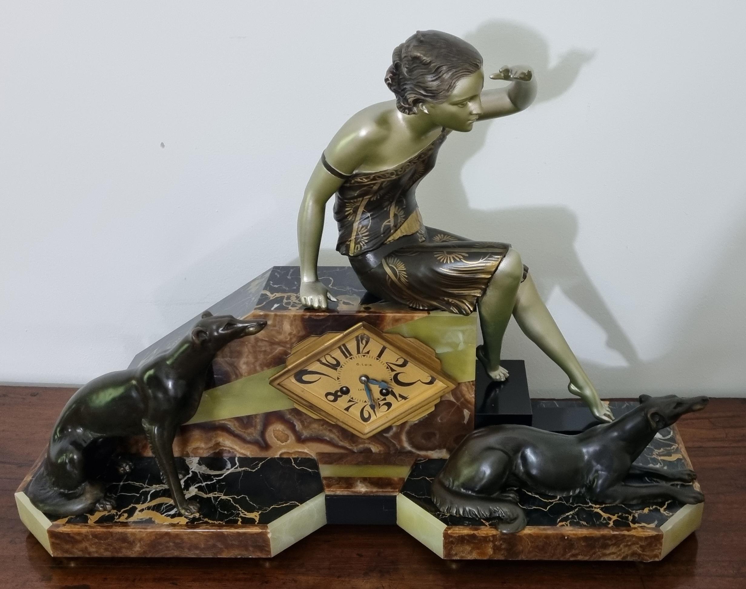 Mid-20th Century Art Deco Clock Set Lady And Greyhounds Sculpture 