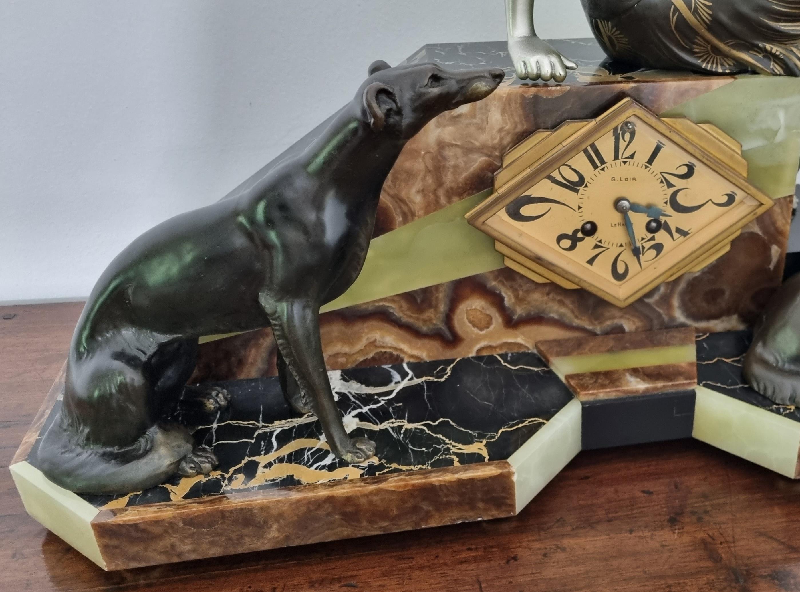 Onyx Art Deco Clock Set Lady And Greyhounds Sculpture 