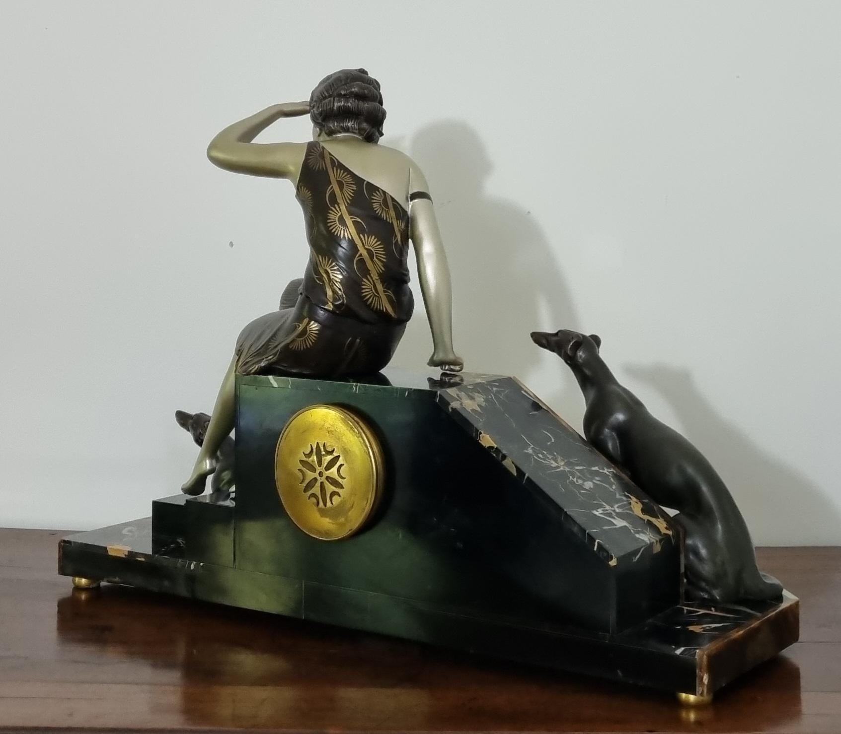 Art Deco Clock Set Lady And Greyhounds Sculpture 