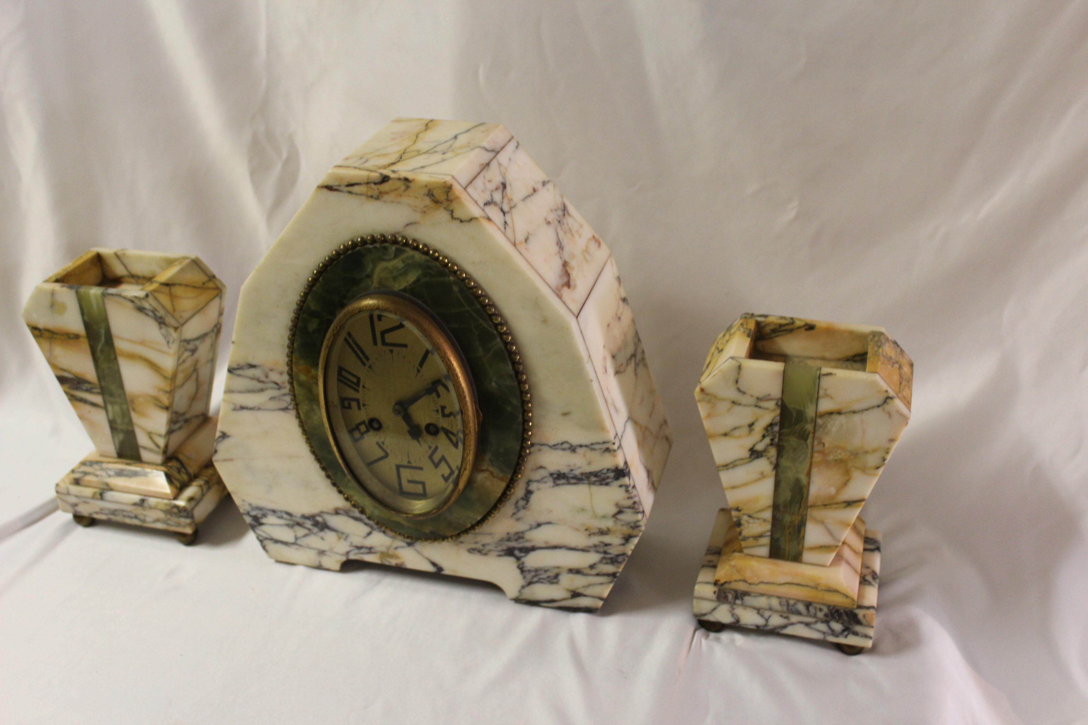 Art Deco Clock Set Marble and Green Onyx In Good Condition In Los Angeles, CA