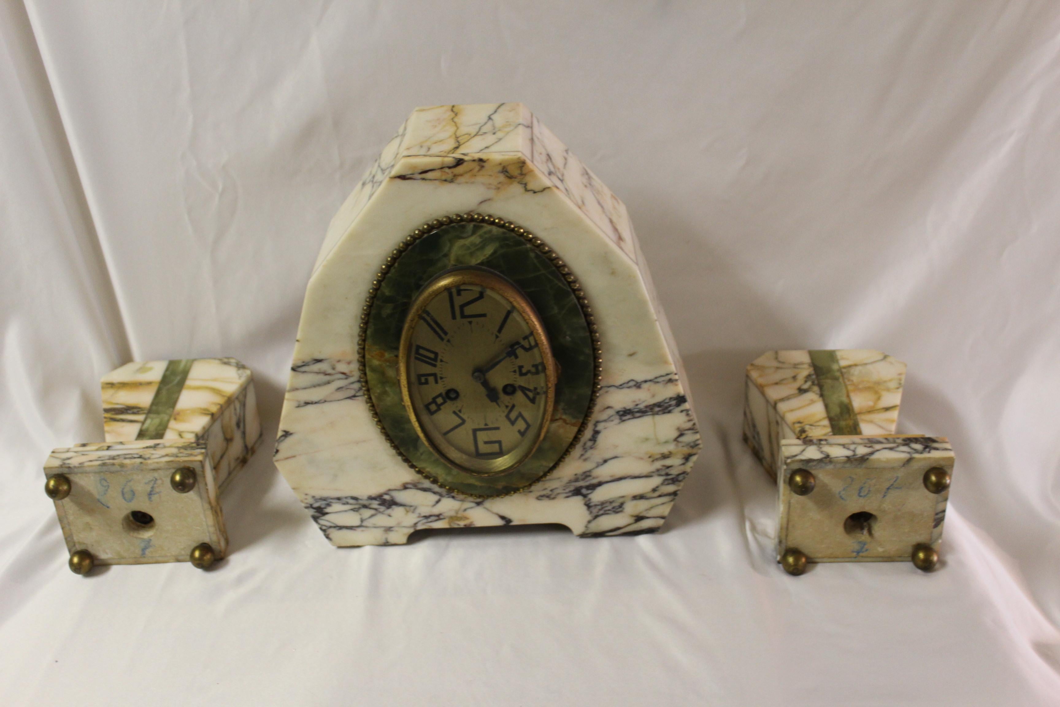 Art Deco Clock Set Marble and Green Onyx 1