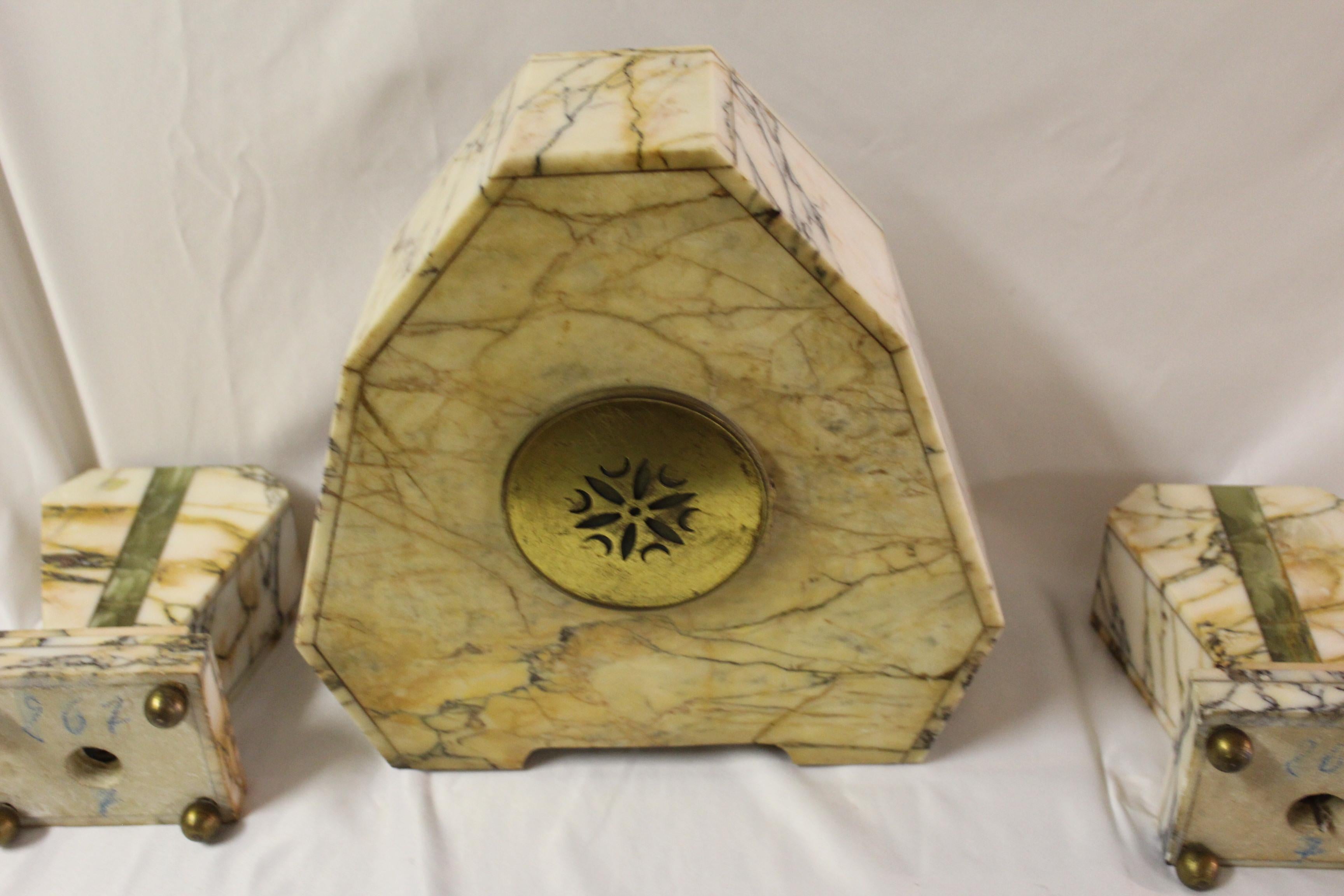 Art Deco Clock Set Marble and Green Onyx 3