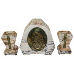 Antique Art Deco Clock Set Marble and Green Onyx