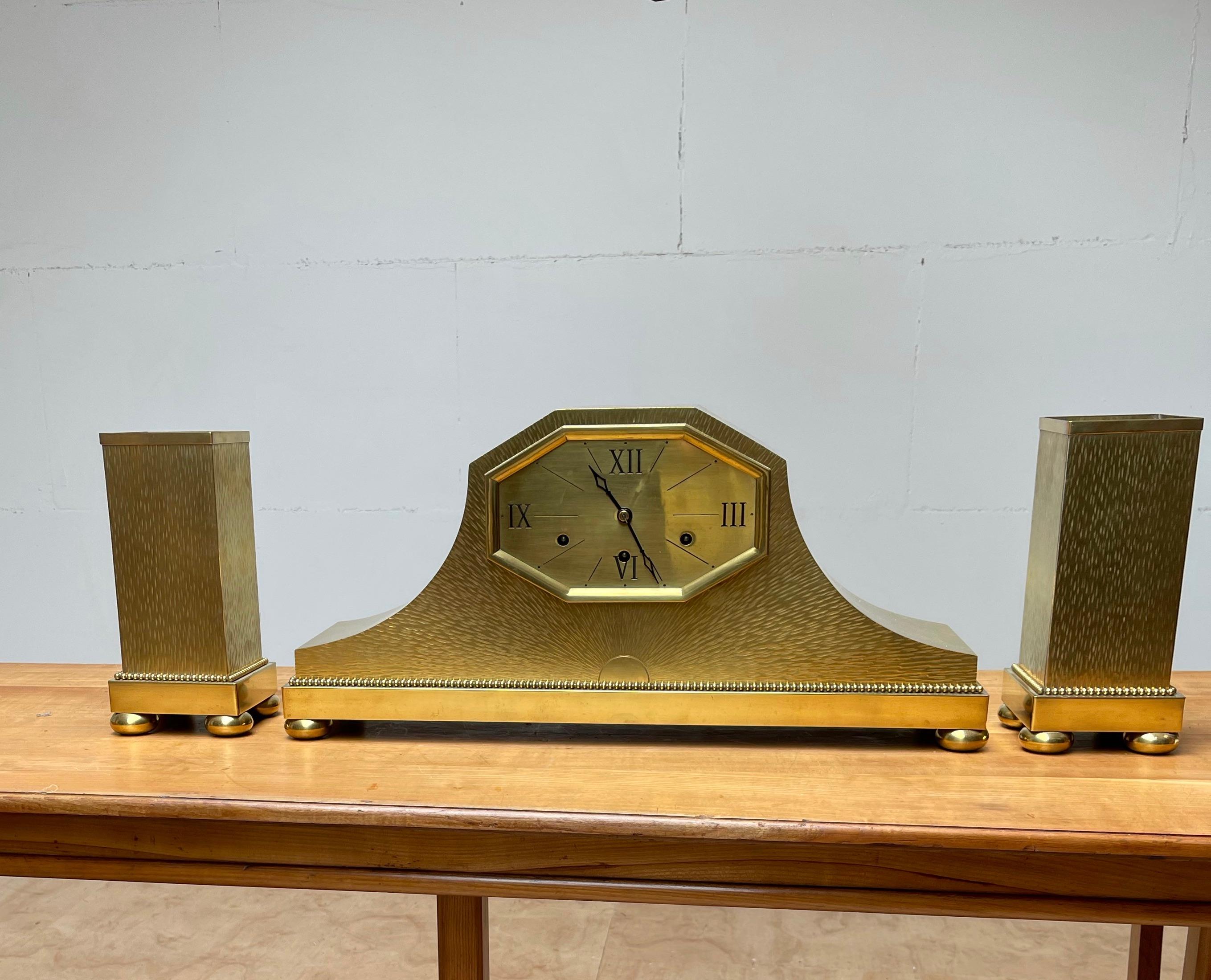 Top Quality Art Deco Clock Set / Vases, Polished Brass w Westminster Sound Chime For Sale 8