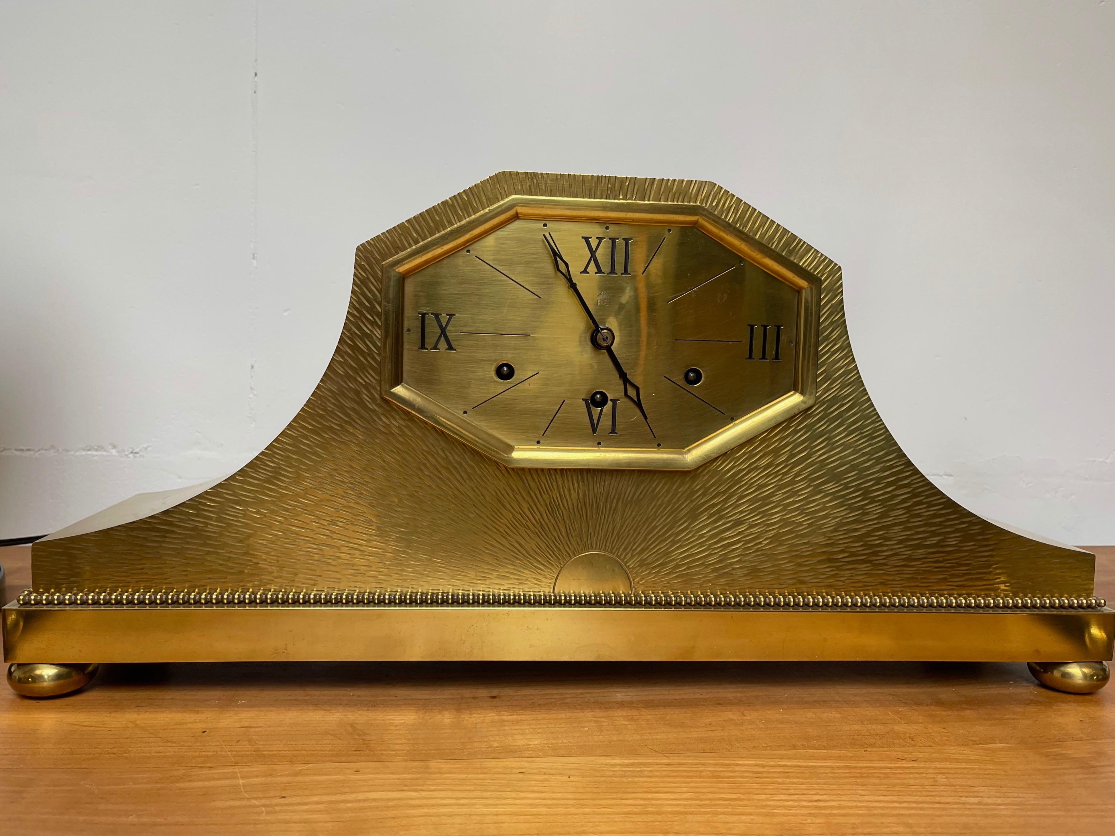 European Top Quality Art Deco Clock Set / Vases, Polished Brass w Westminster Sound Chime For Sale