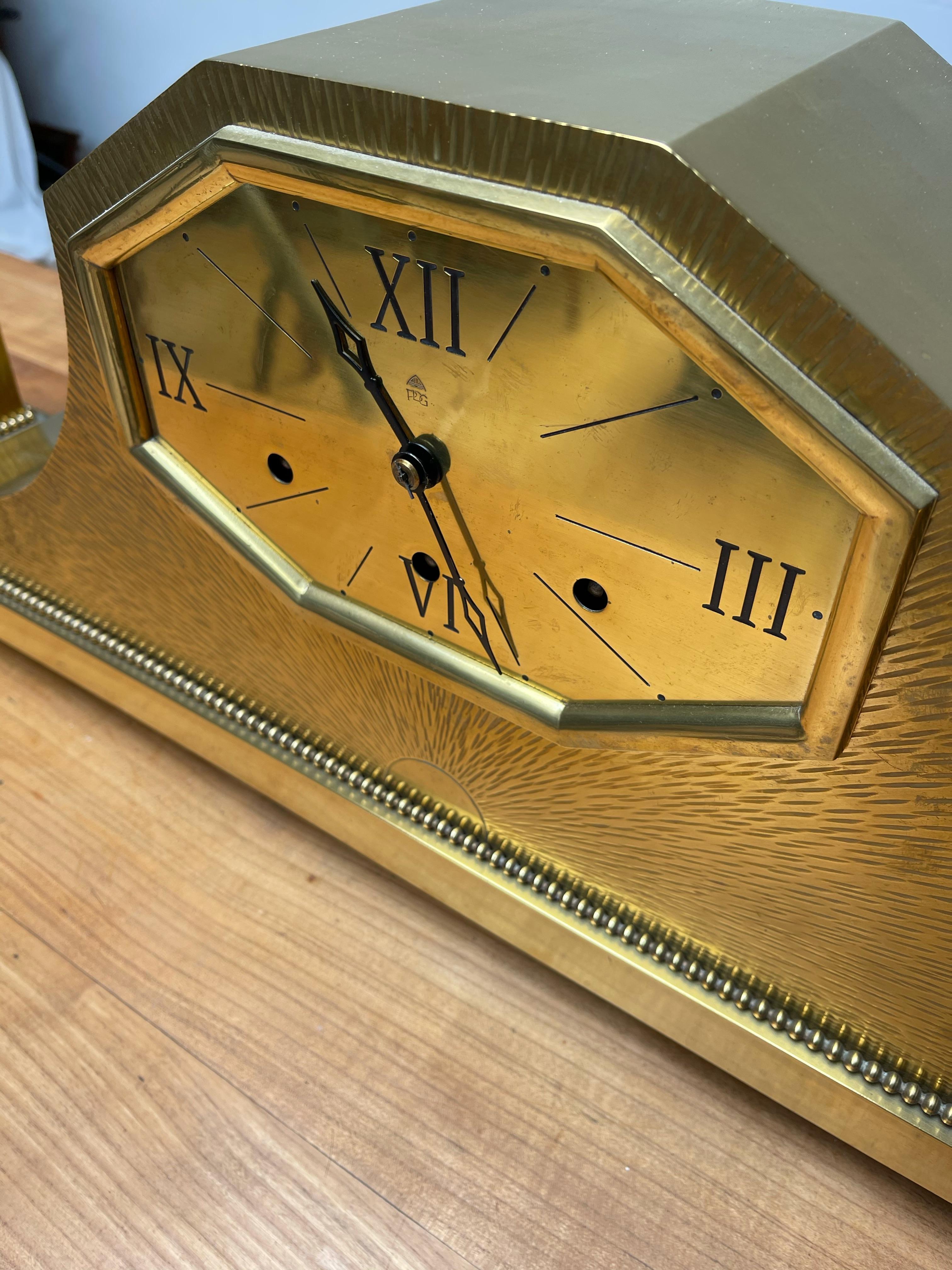 20th Century Top Quality Art Deco Clock Set / Vases, Polished Brass w Westminster Sound Chime For Sale