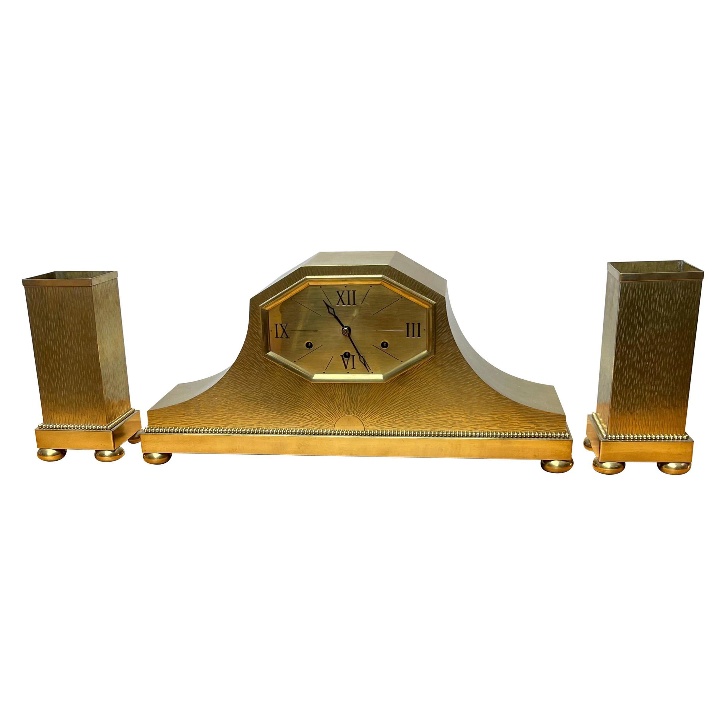 Top Quality Art Deco Clock Set / Vases, Polished Brass w Westminster Sound Chime For Sale