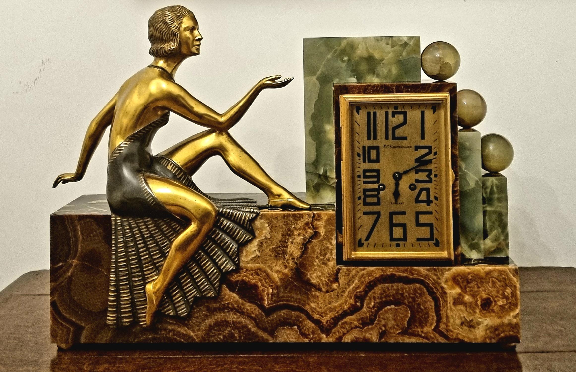 Cast Art Deco Clock Set of Cubist Design with Bronze Sculpture 