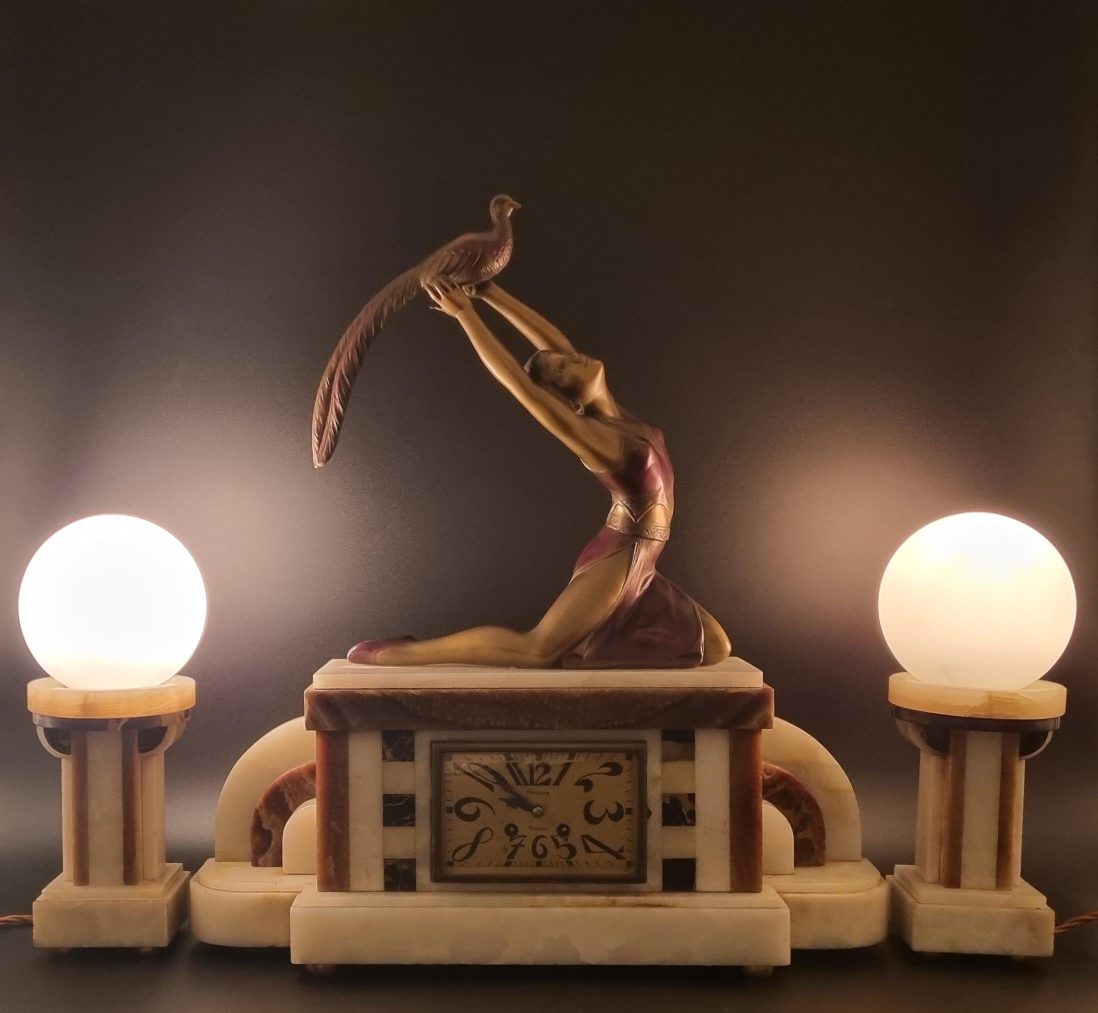 British  Art Deco Clock Set with Pair of Lamps by Salvado Circa 1930 For Sale