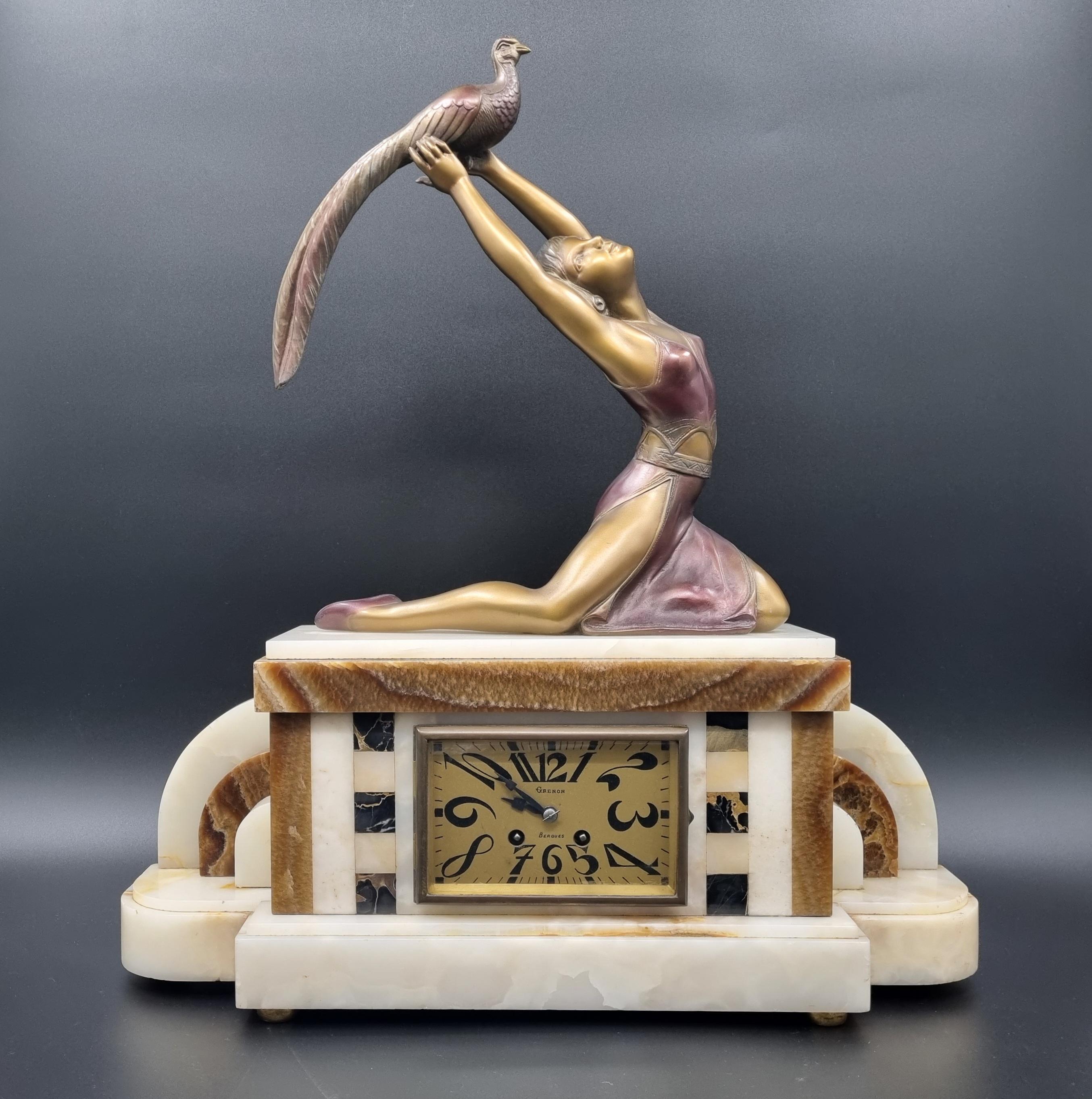 Cast  Art Deco Clock Set with Pair of Lamps by Salvado Circa 1930 For Sale
