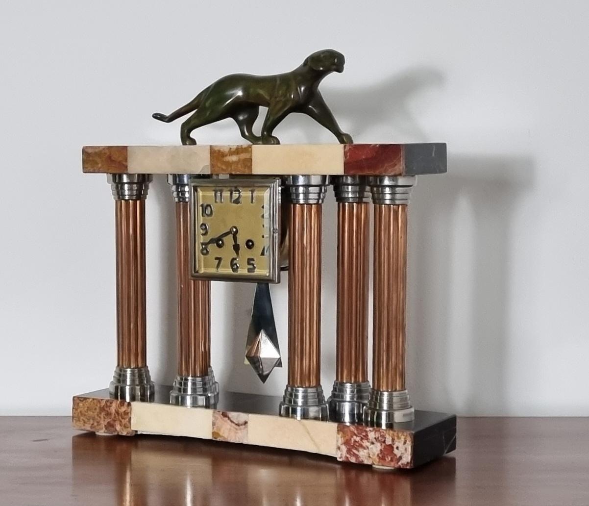 Cast Art Deco Clock with Bronze Panther by Decoux