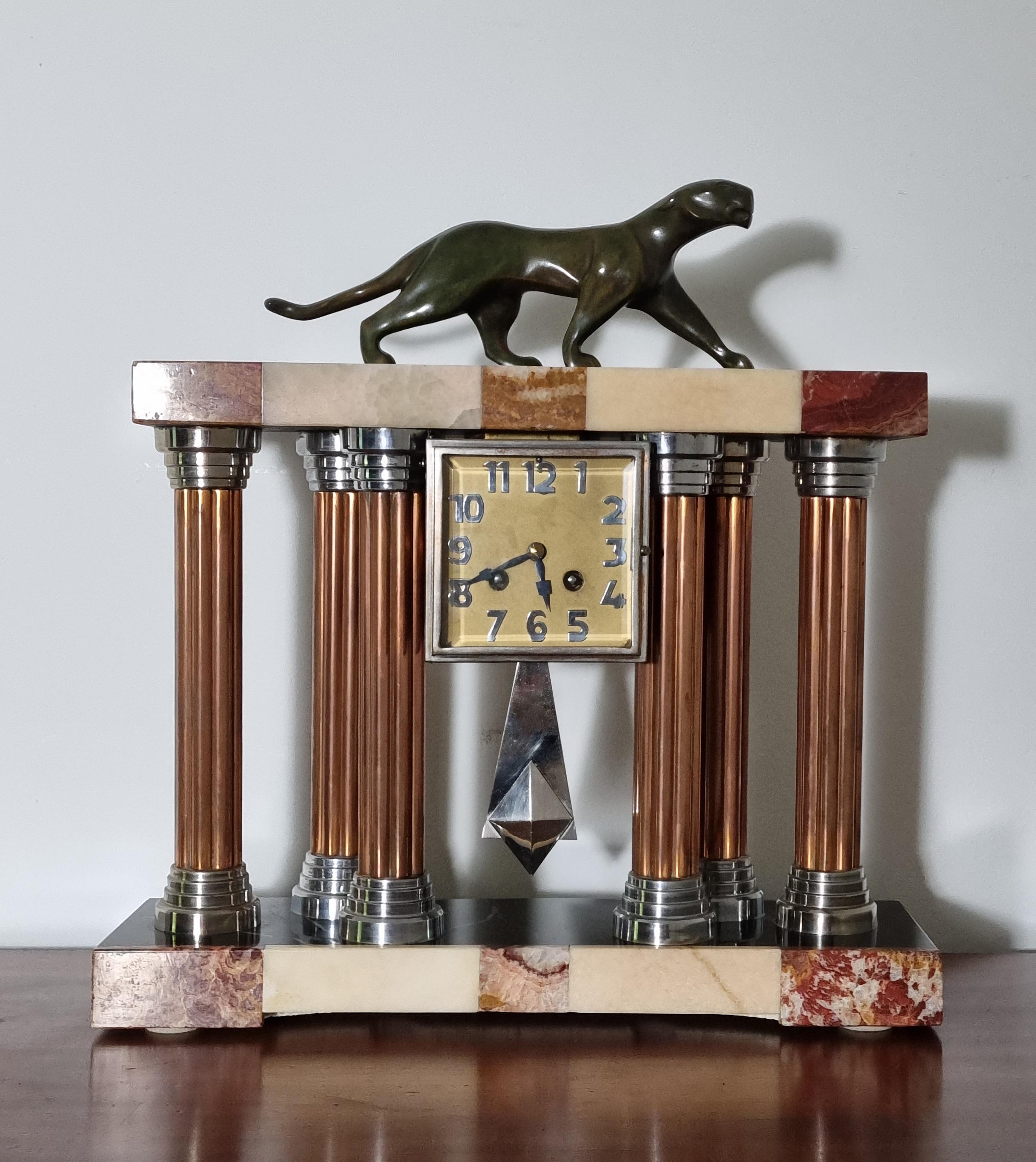 Mid-20th Century Art Deco Clock with Bronze Panther by Decoux