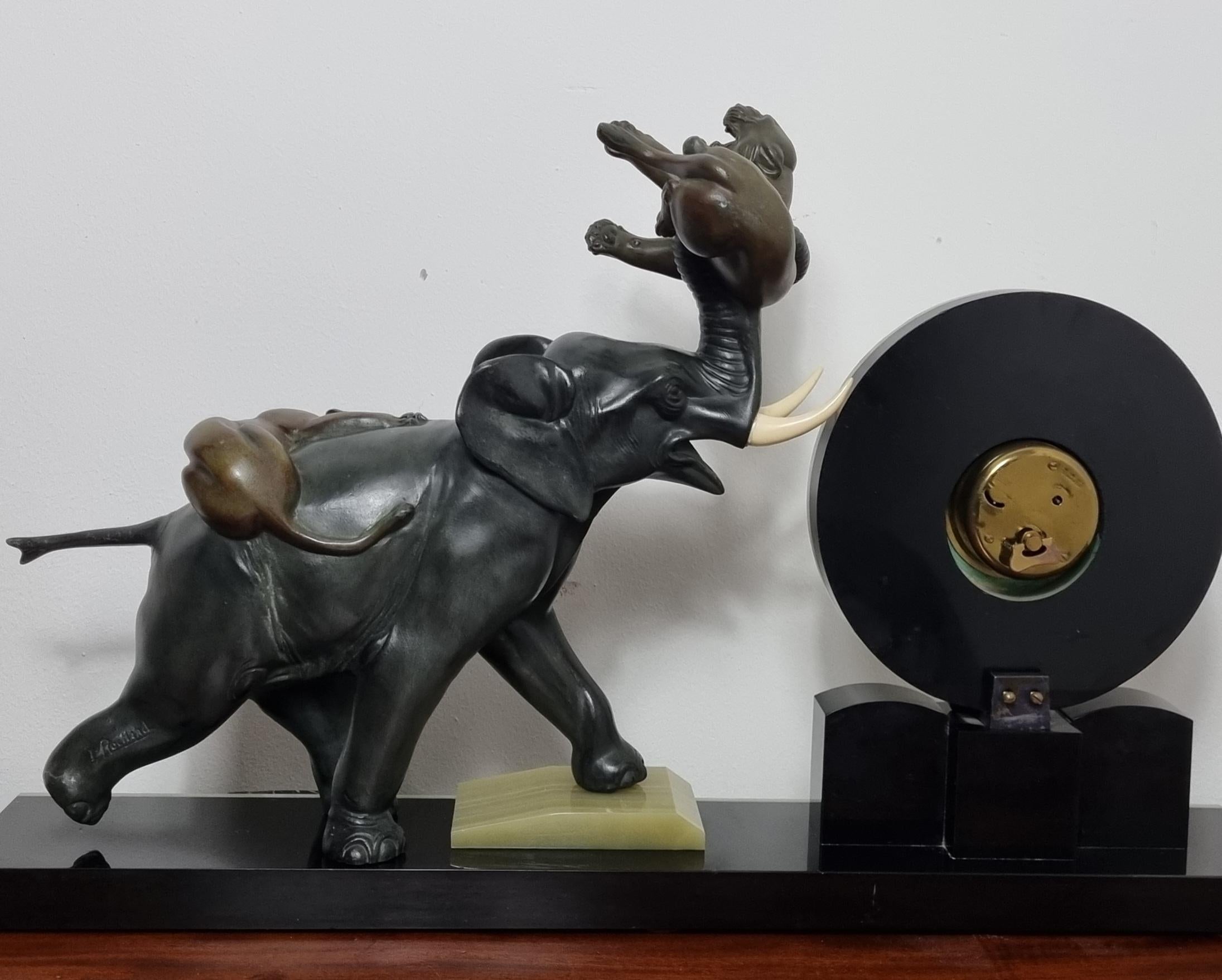 Art Deco Clock with Elephant and Tigers / Panthers by Irenee Rochard For Sale 6
