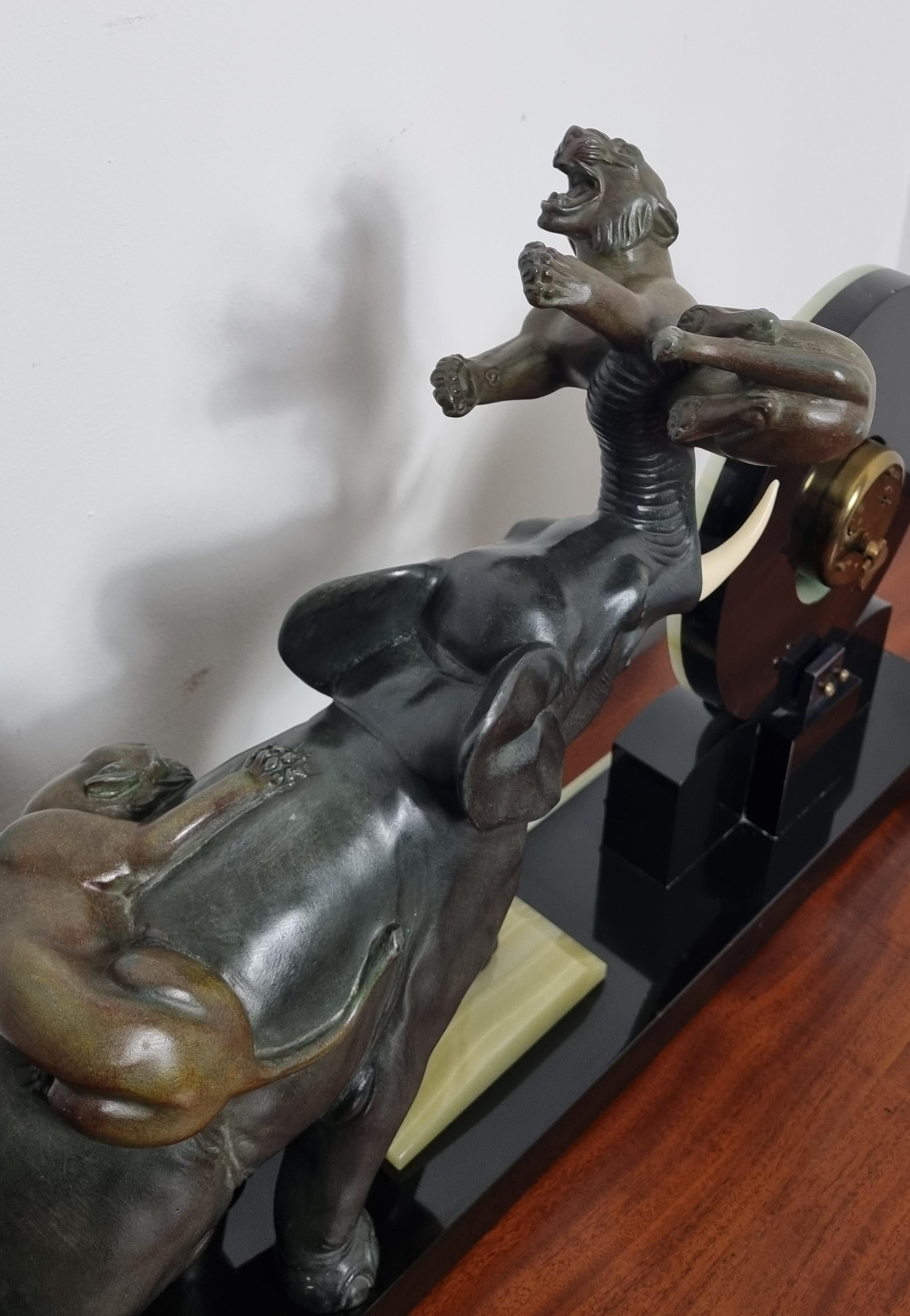 Art Deco Clock with Elephant and Tigers / Panthers by Irenee Rochard For Sale 7