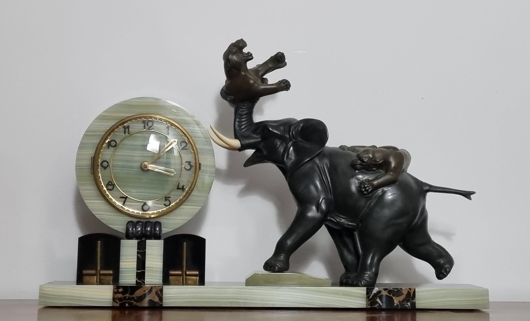 French Art Deco Clock with Elephant and Tigers / Panthers by Irenee Rochard For Sale
