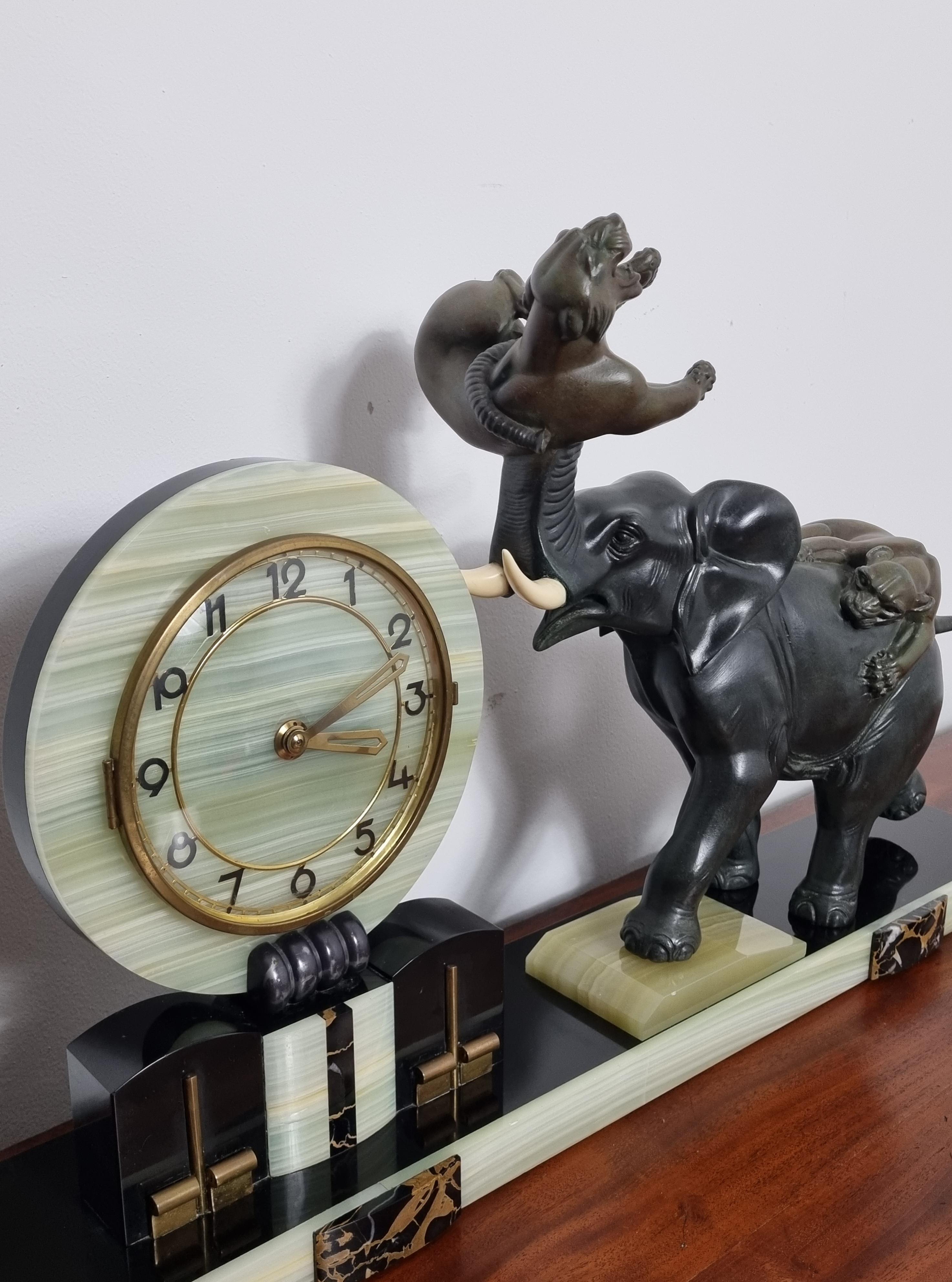 Onyx Art Deco Clock with Elephant and Tigers / Panthers by Irenee Rochard For Sale