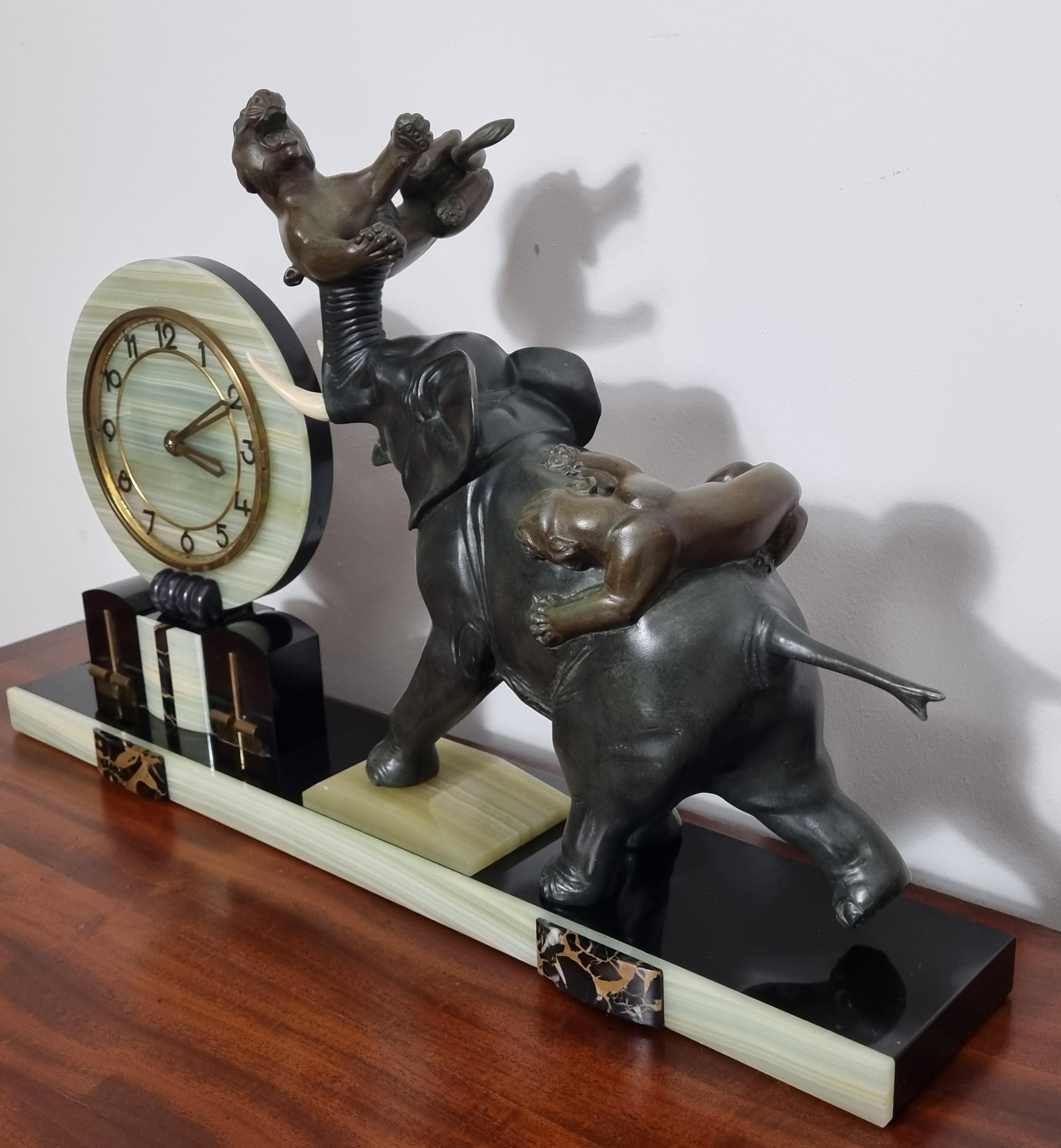 Art Deco Clock with Elephant and Tigers / Panthers by Irenee Rochard For Sale 1
