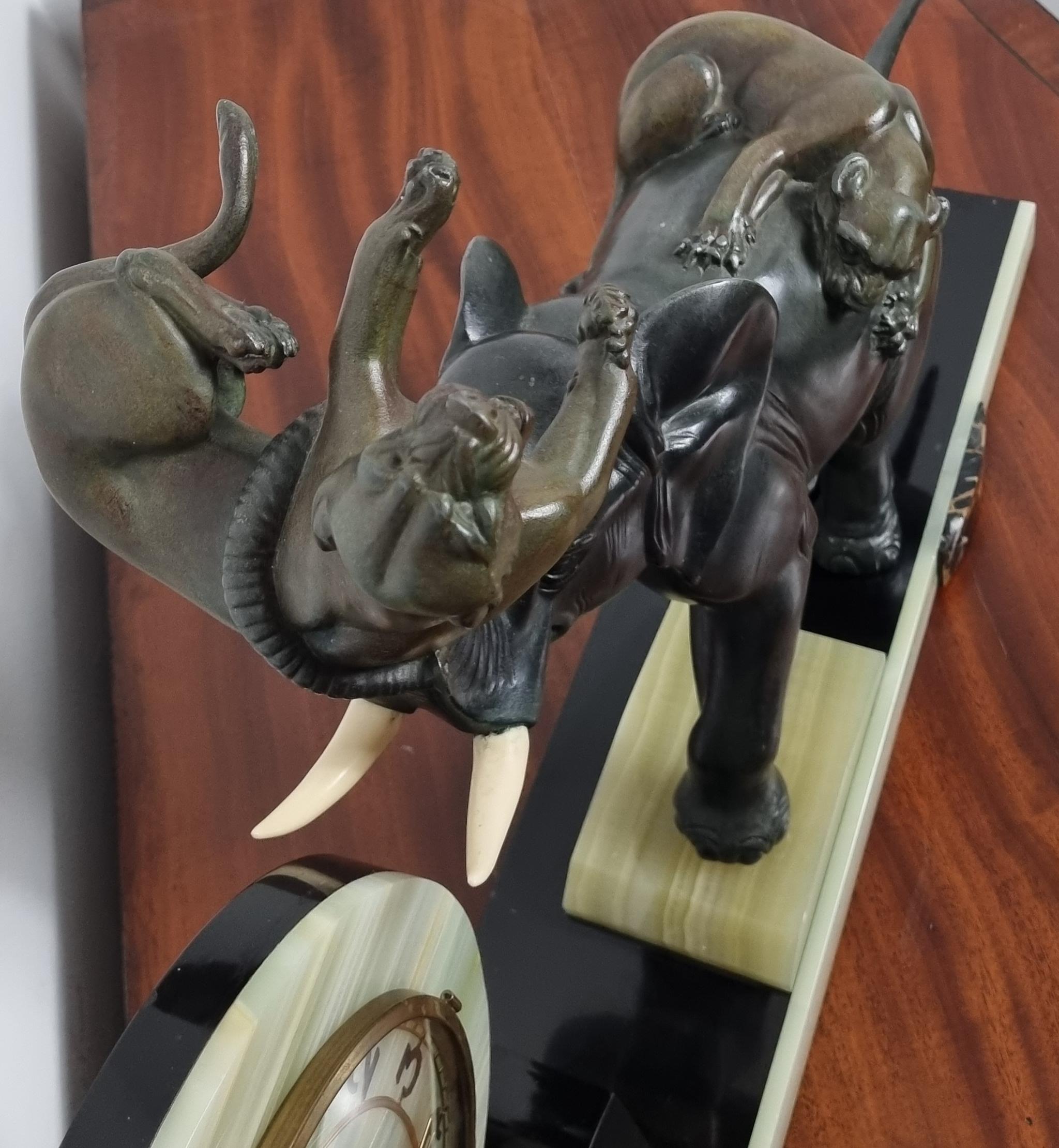 Art Deco Clock with Elephant and Tigers / Panthers by Irenee Rochard For Sale 2