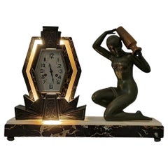 Antique Art Deco Clock with Lamp - Water Carrier Sculpture / Illuminated Nude with Vase